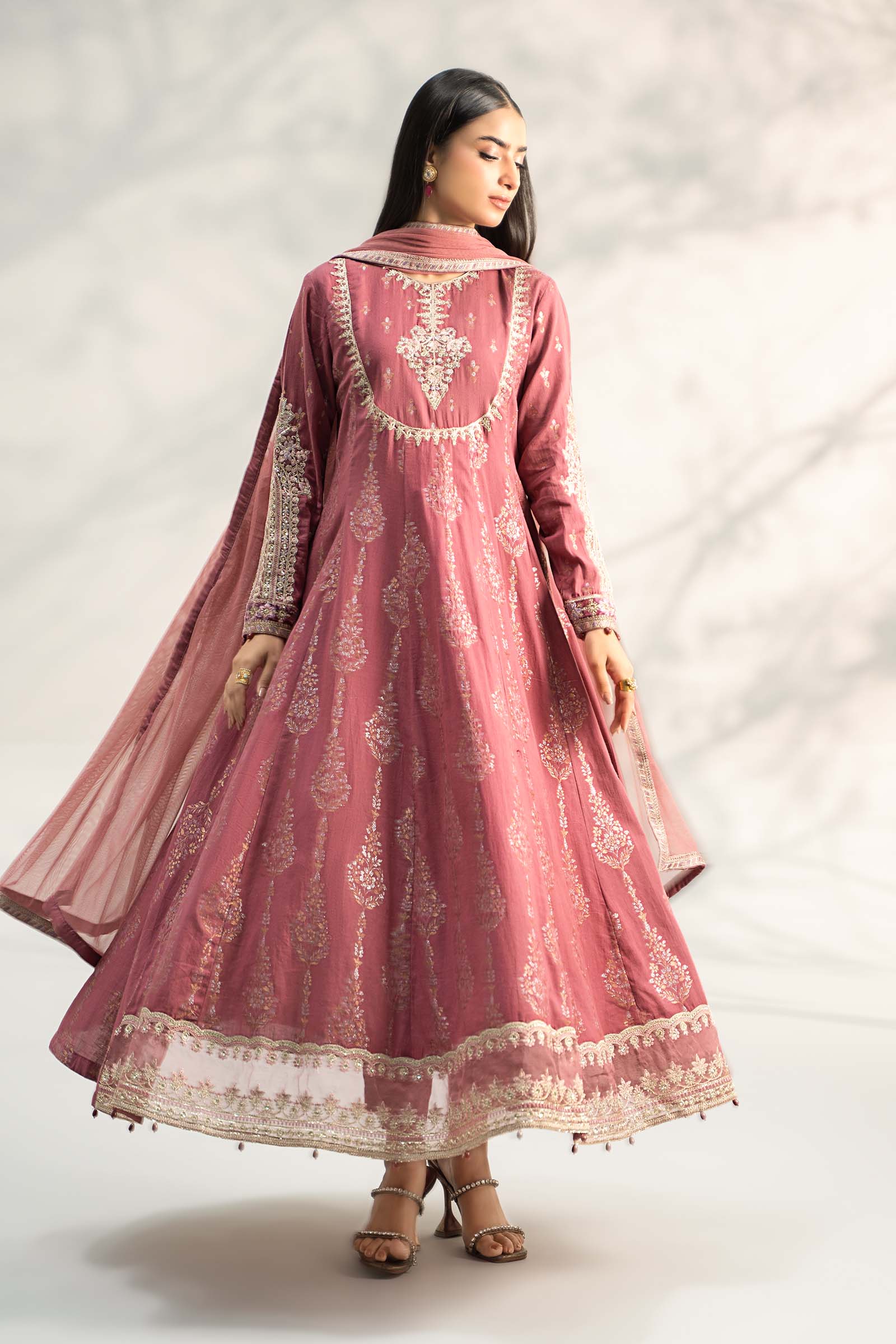 Ash Pink Embroidered Jacquard Lurex Anarkali Dress (3-Piece) - Image 5