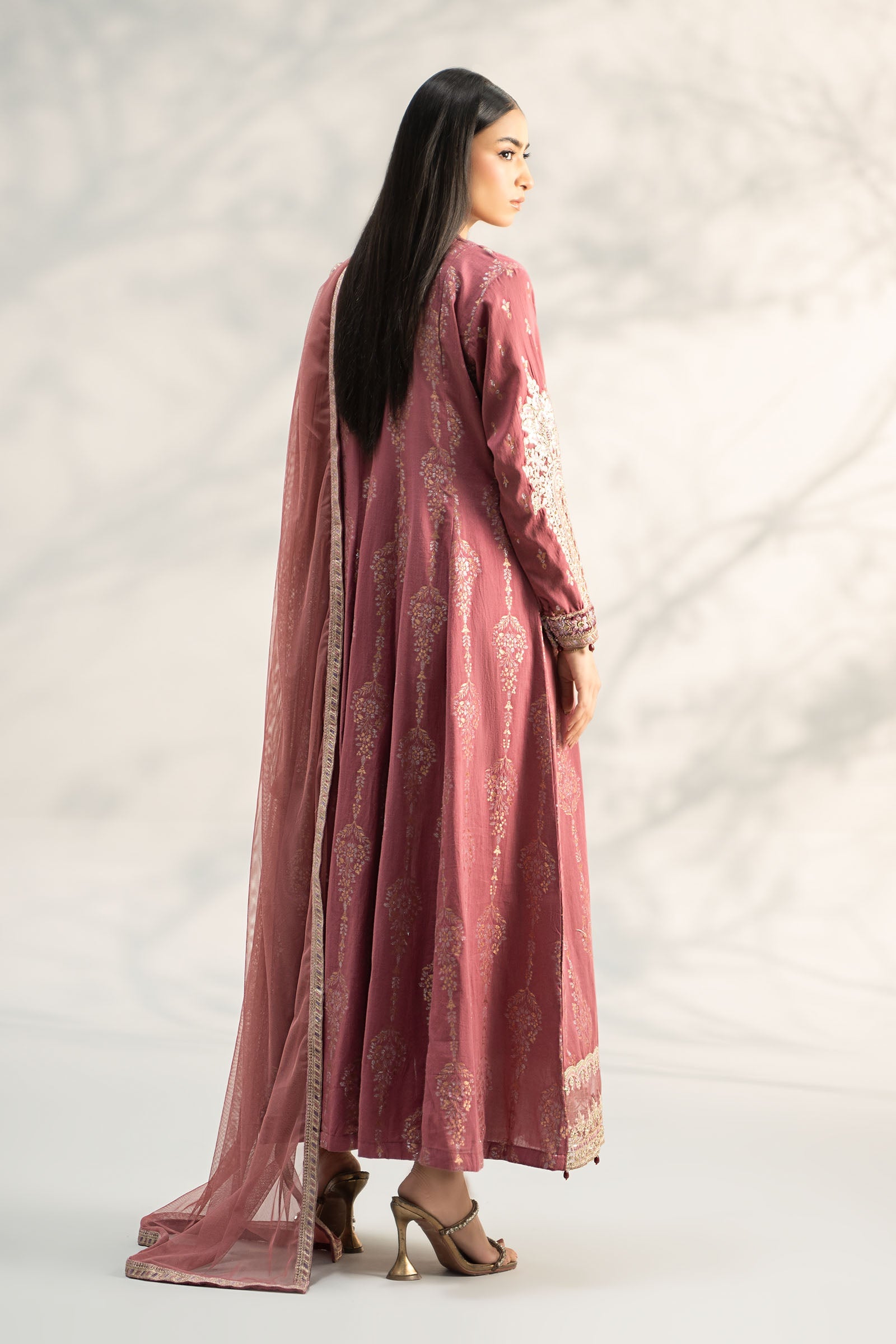 Ash Pink Embroidered Jacquard Lurex Anarkali Dress (3-Piece) - Image 6