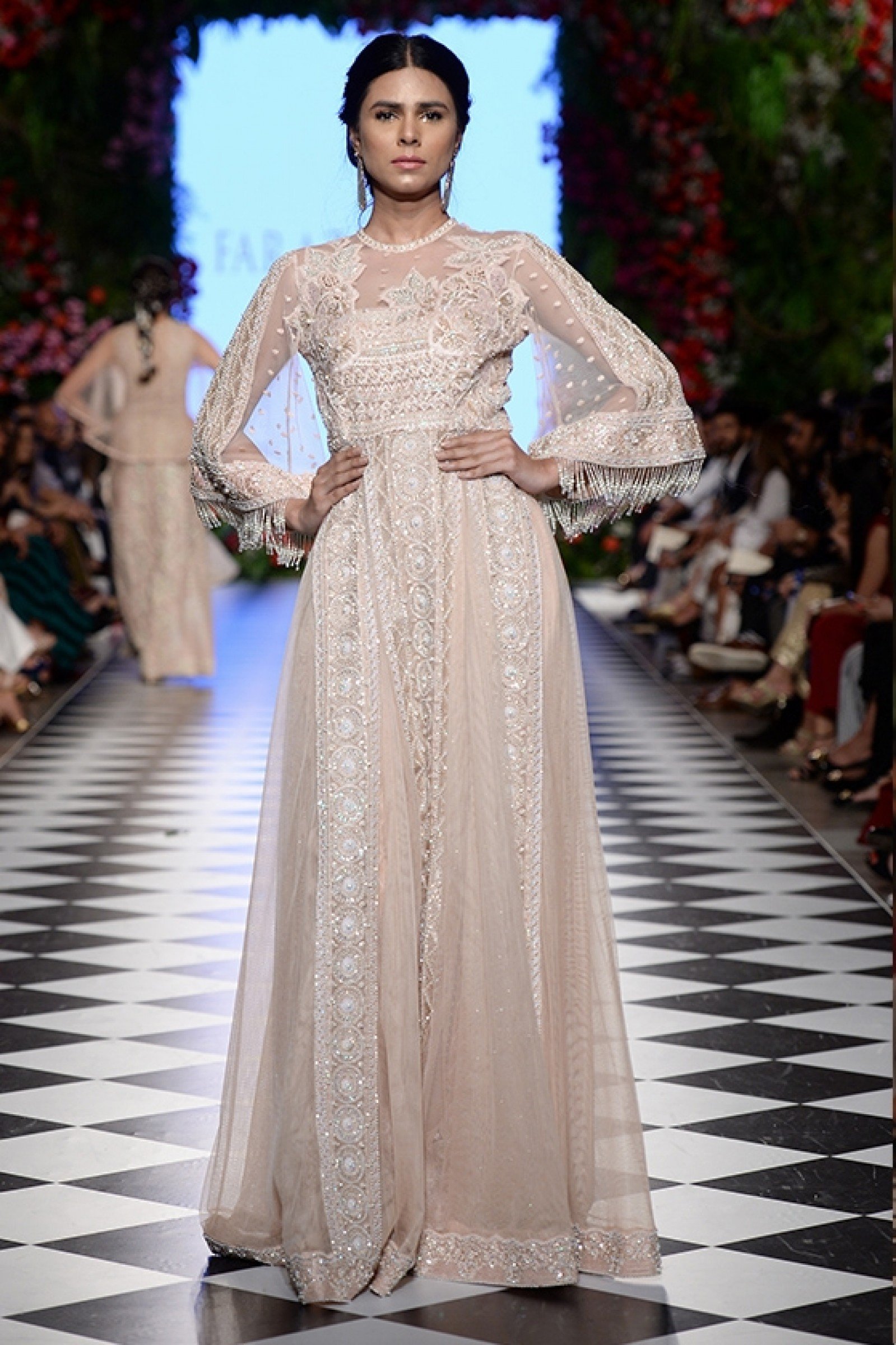 Pakistani Blush Pink Embroidered Net Anarkali Dress (1-Pc) - Image 1