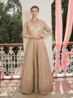 Blush Pink Gota & Mirror Work Net Anarkali (1-Pc) - Image 1