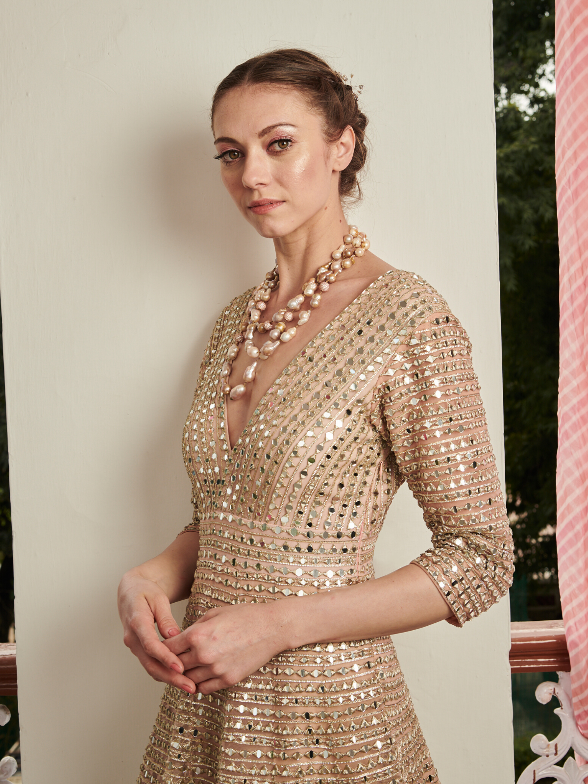 Blush Pink Gota & Mirror Work Net Anarkali (1-Pc) - Image 3