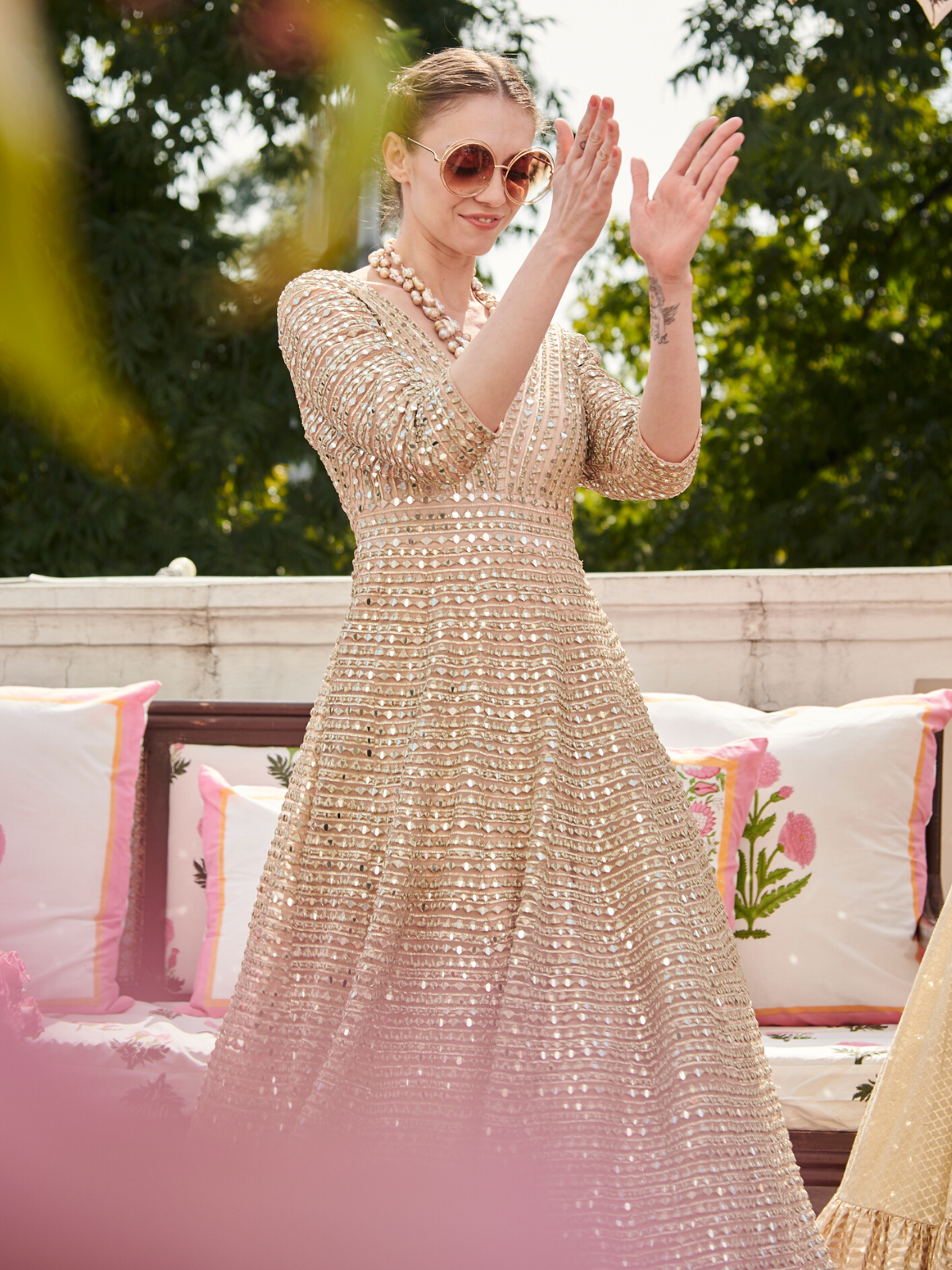 Blush Pink Gota & Mirror Work Net Anarkali (1-Pc) - Image 4