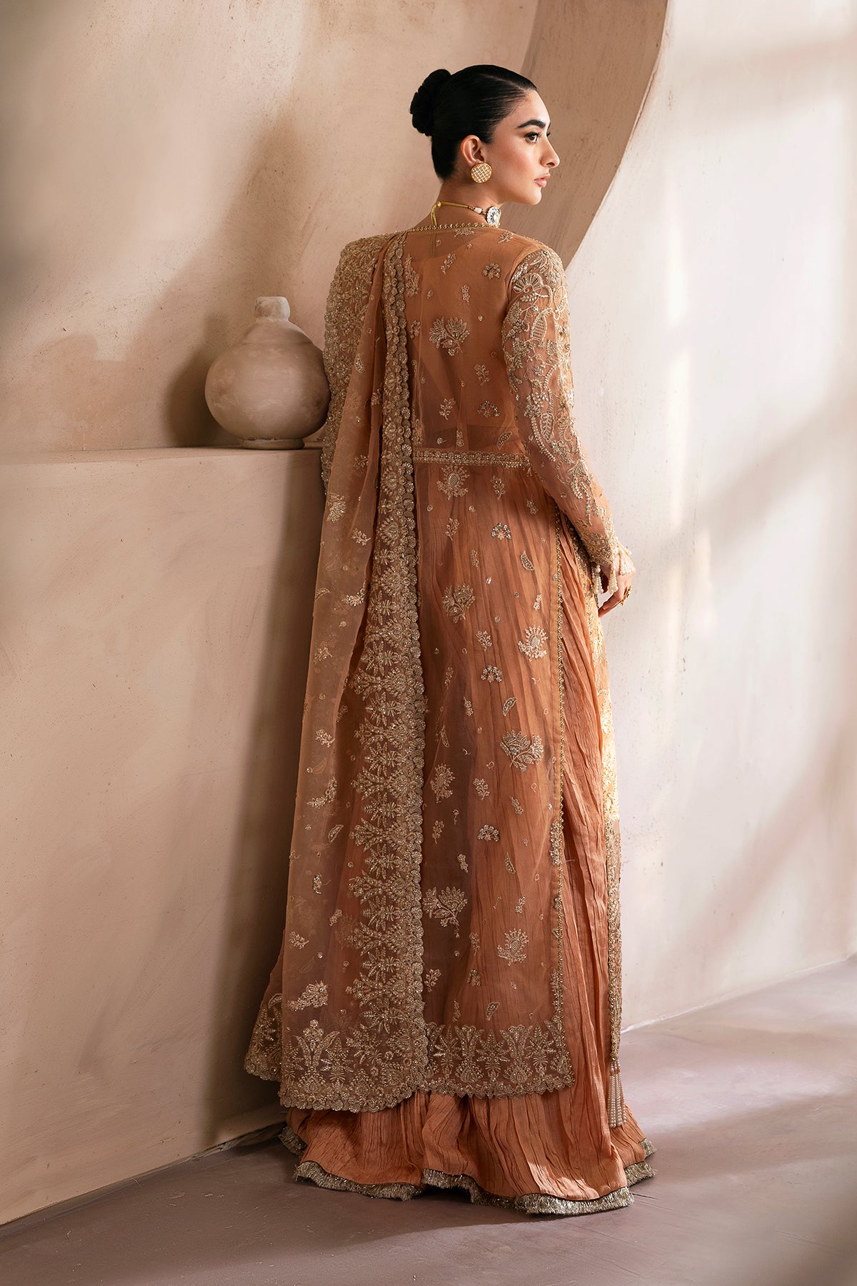 Peach Embroidered Organza Anarkali Dress (3-Piece) - Image 2