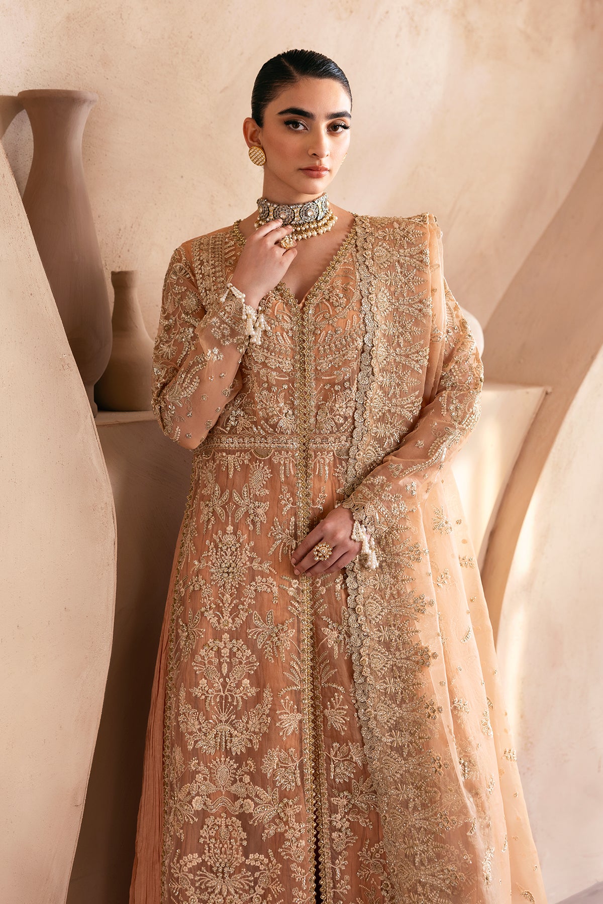 Peach Embroidered Organza Anarkali Dress (3-Piece) - Image 3