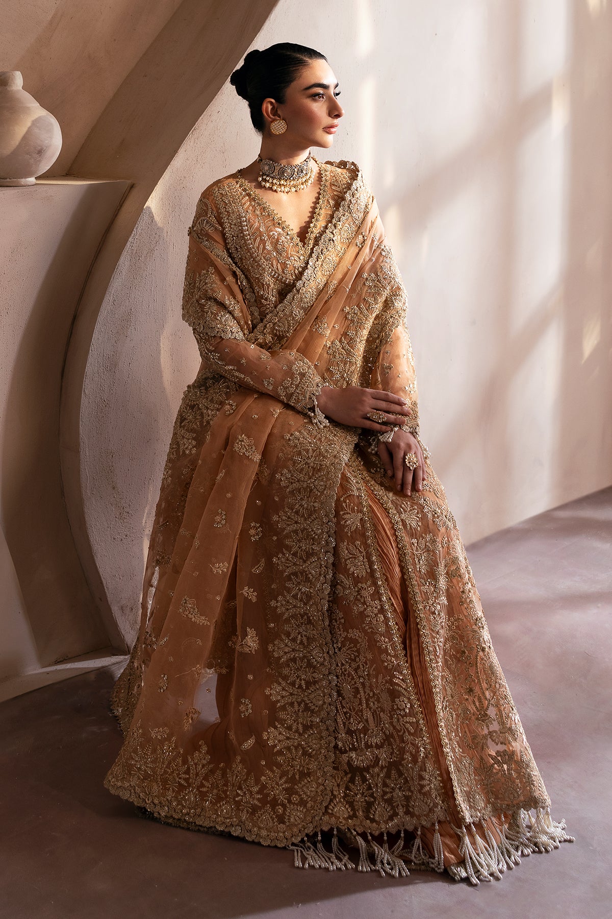 Peach Embroidered Organza Anarkali Dress (3-Piece) - Image 5