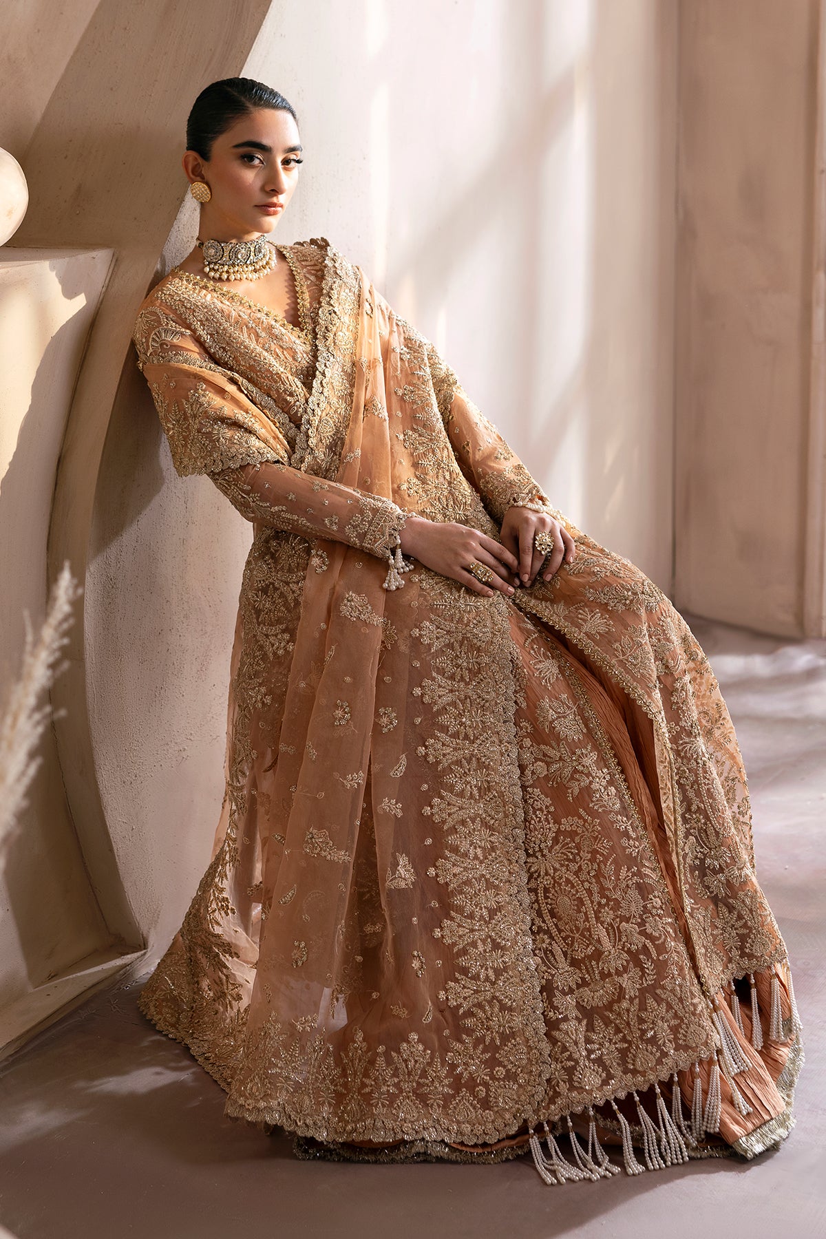 Peach Embroidered Organza Anarkali Dress (3-Piece) - Image 6