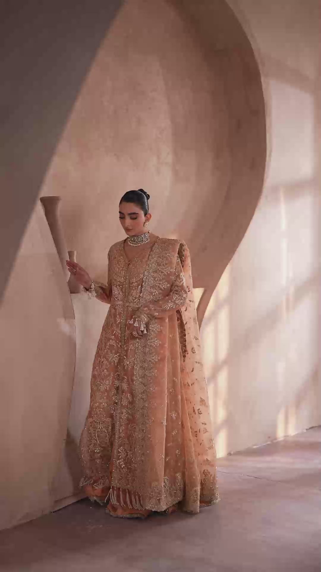 Peach Embroidered Organza Anarkali Dress (3-Piece) - Image 7