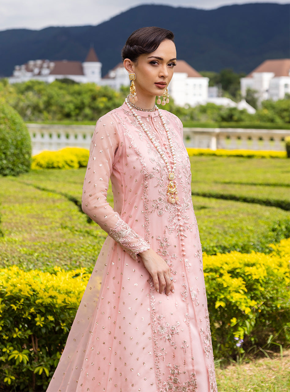 Powder Pink Embroidered Organza Anarkali Dress (2-Piece) - Image 2