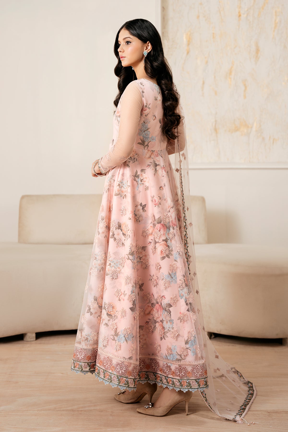 Blush Pink Embroidered Net Anarkali Dress (3-Piece) - Image 2