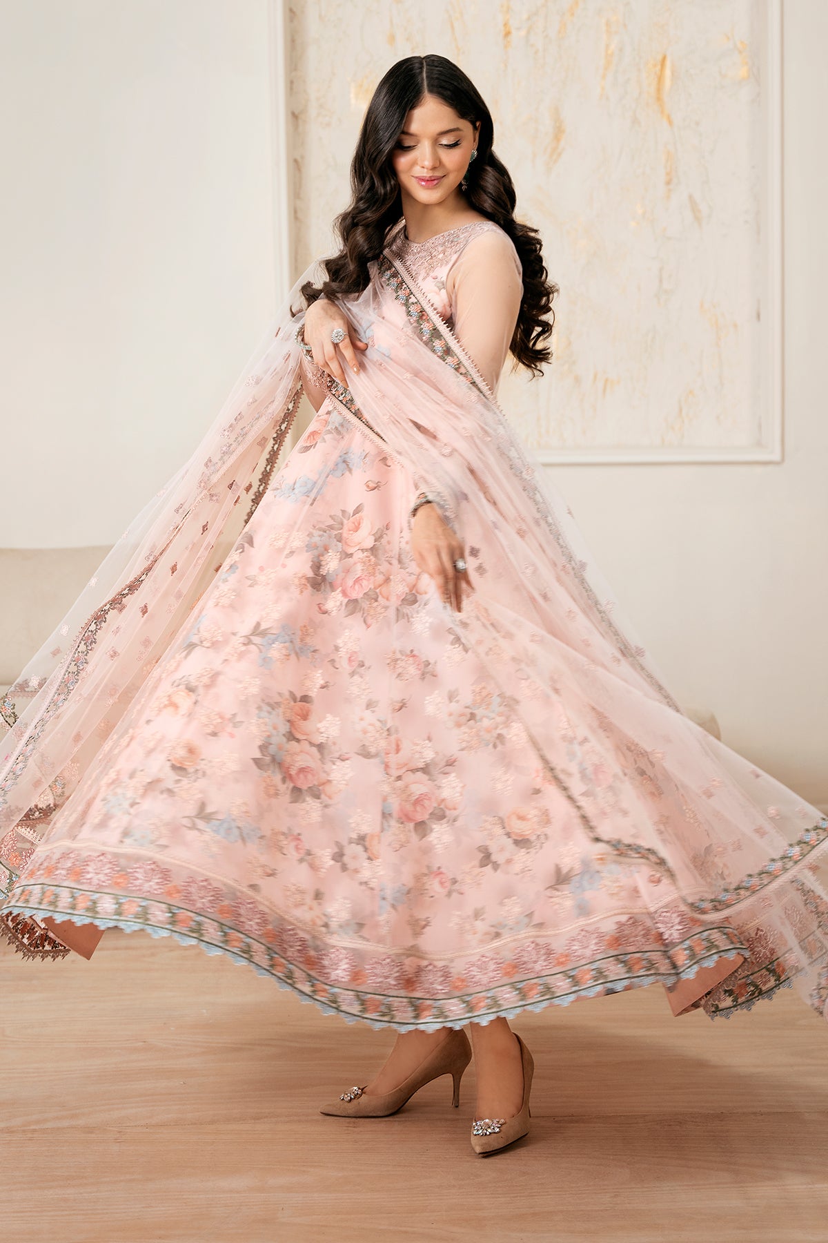 Blush Pink Embroidered Net Anarkali Dress (3-Piece) - Image 3