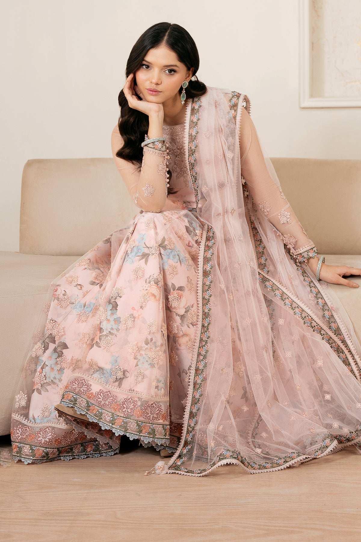 Blush Pink Embroidered Net Anarkali Dress (3-Piece) - Image 5