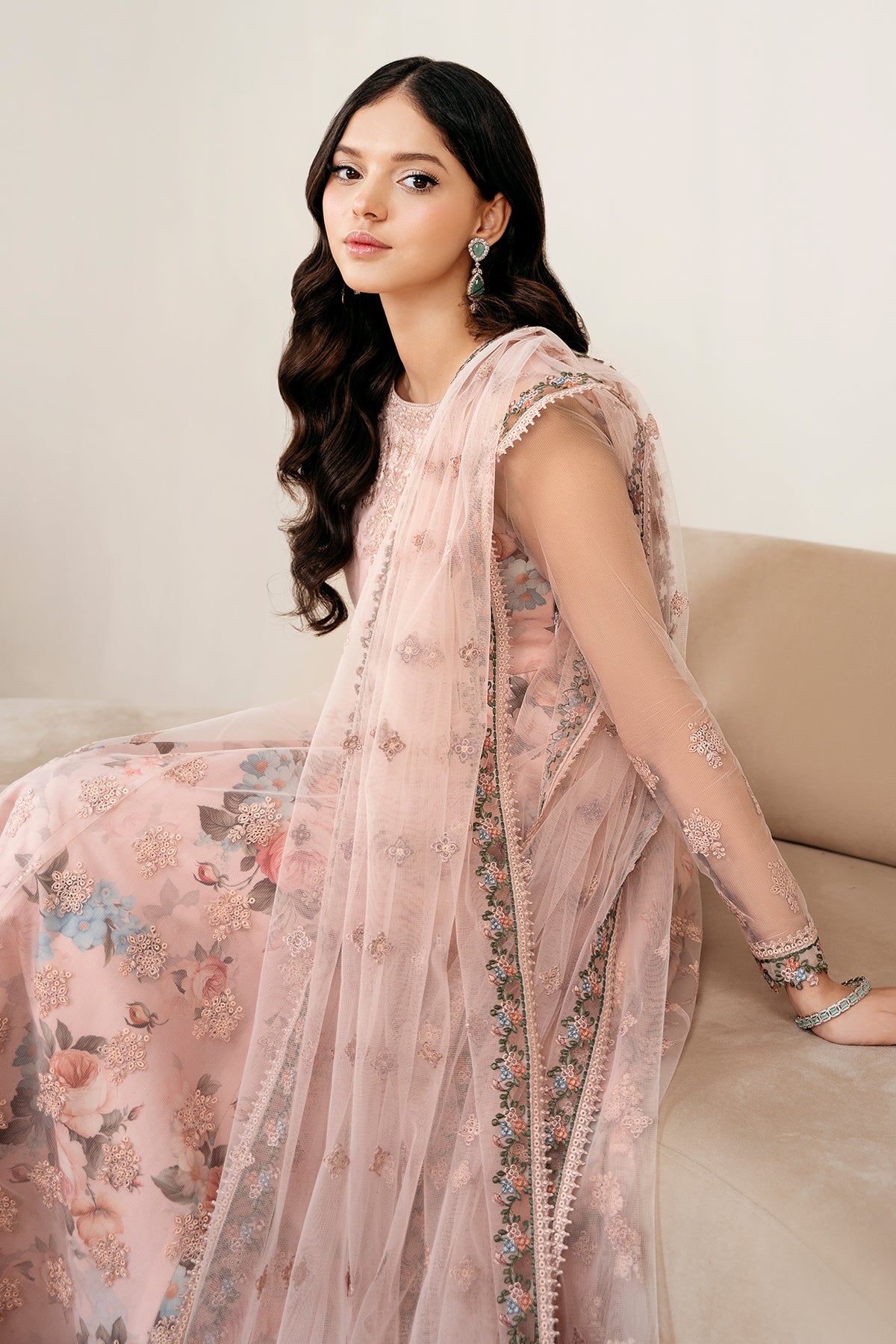 Blush Pink Embroidered Net Anarkali Dress (3-Piece) - Image 6