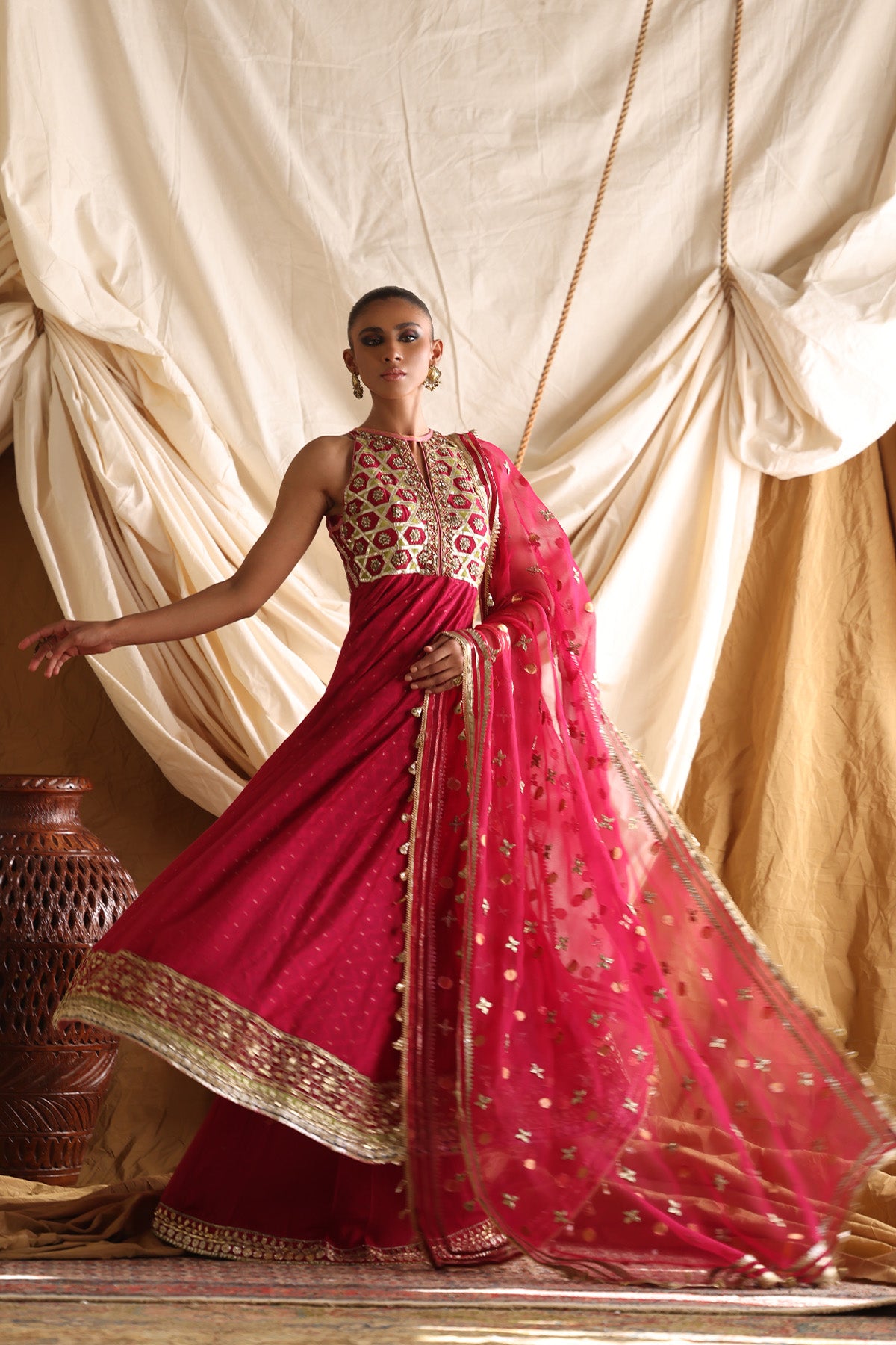 Hot Pink Gota Embroidered Silk Net Anarkali (2-Piece) - Image 1