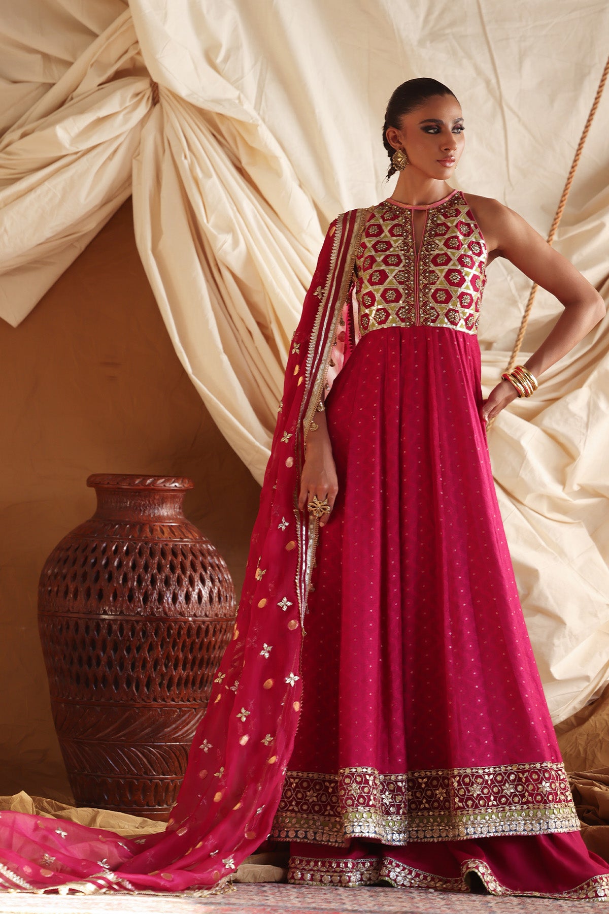 Hot Pink Gota Embroidered Silk Net Anarkali (2-Piece) - Image 2