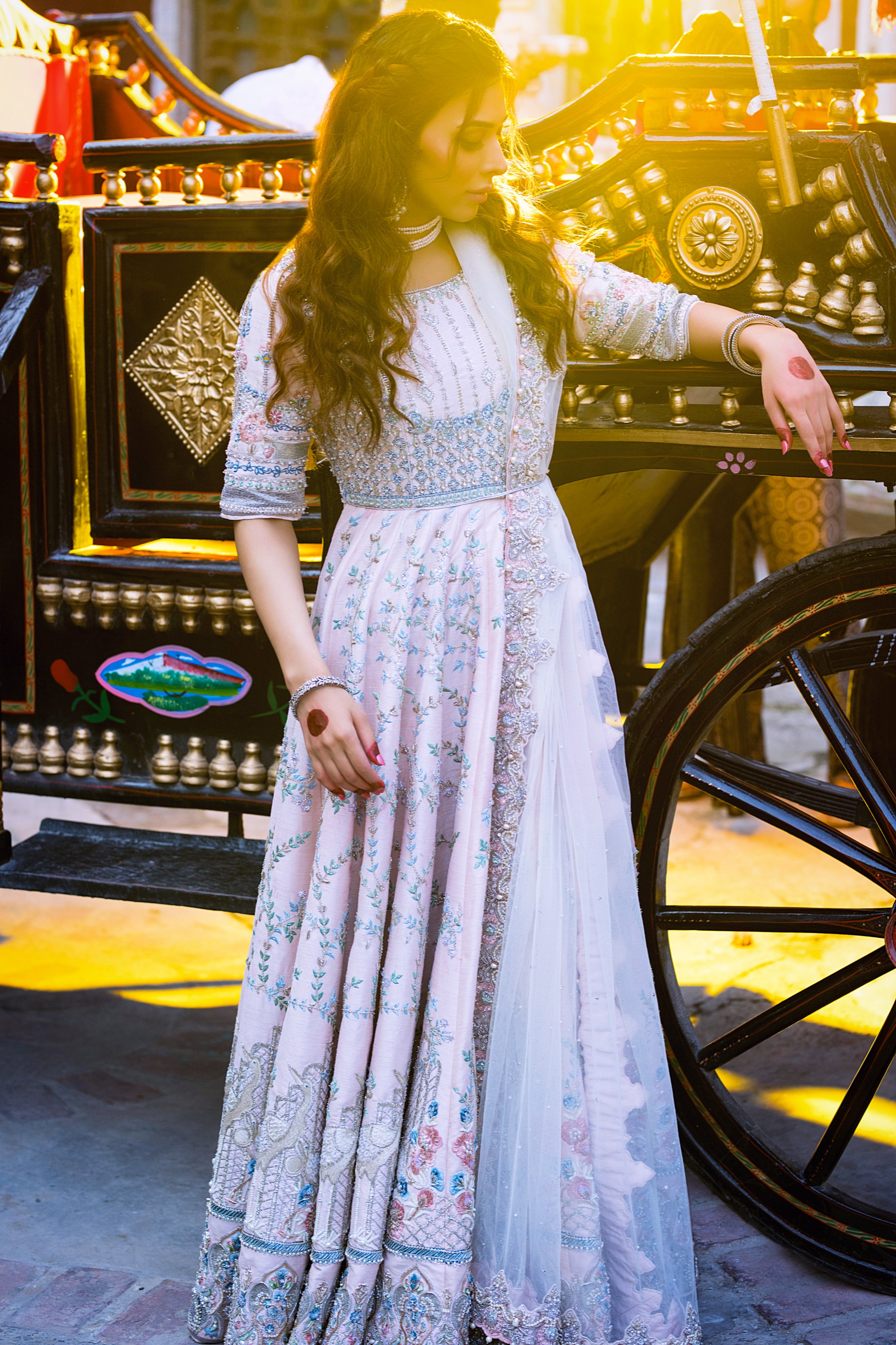 Pakistani Powder Pink Embroidered Georgette Anarkali Gown (2-Piece) - Image 1