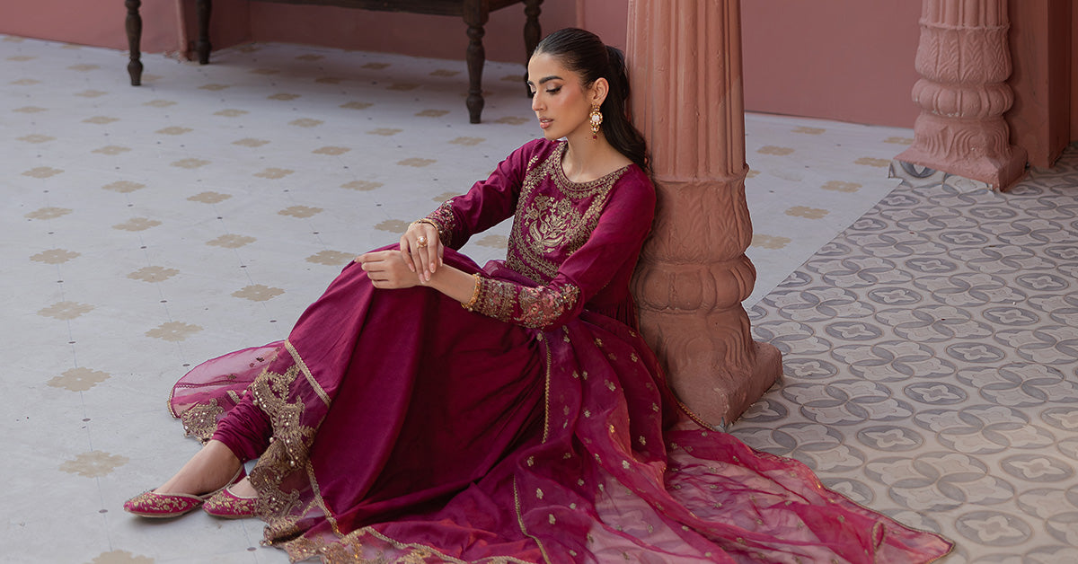 Pakistani Magenta Embroidered Self Jacquard Lawn Anarkali (3-Piece) - Image 11