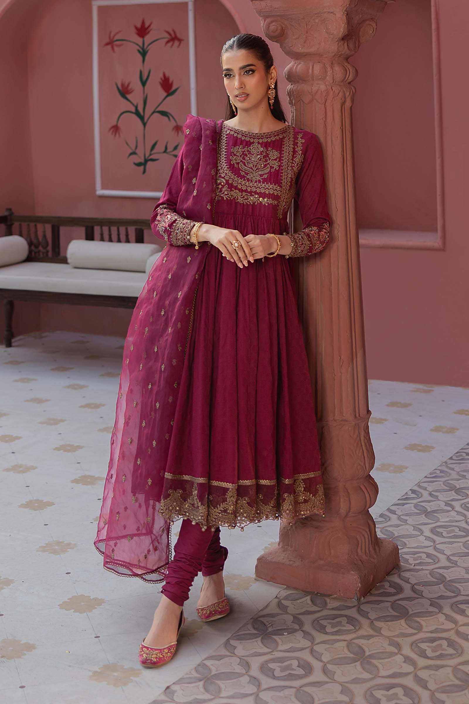 Pakistani Magenta Embroidered Self Jacquard Lawn Anarkali (3-Piece) - Image 2