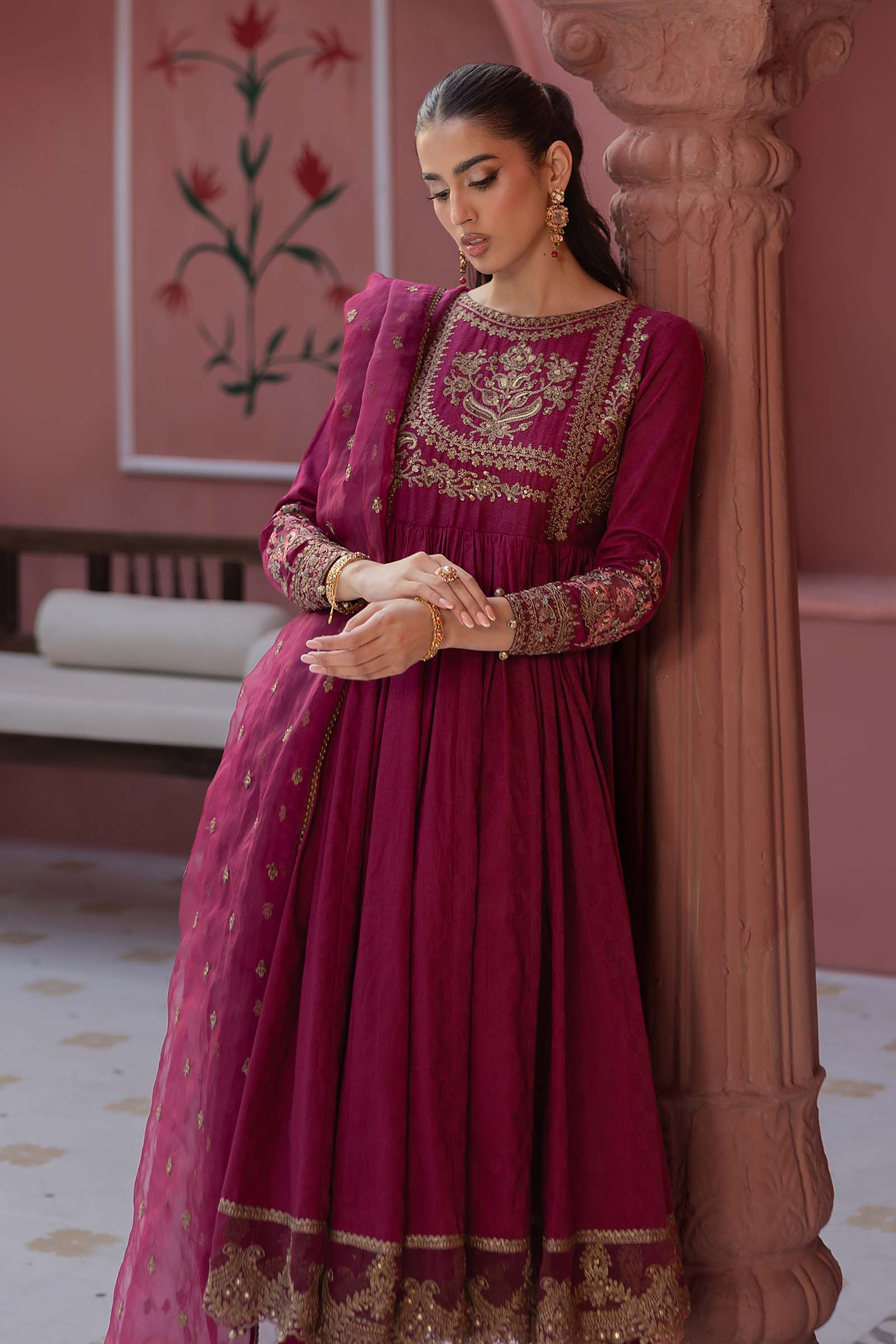 Pakistani Magenta Embroidered Self Jacquard Lawn Anarkali (3-Piece) - Image 3
