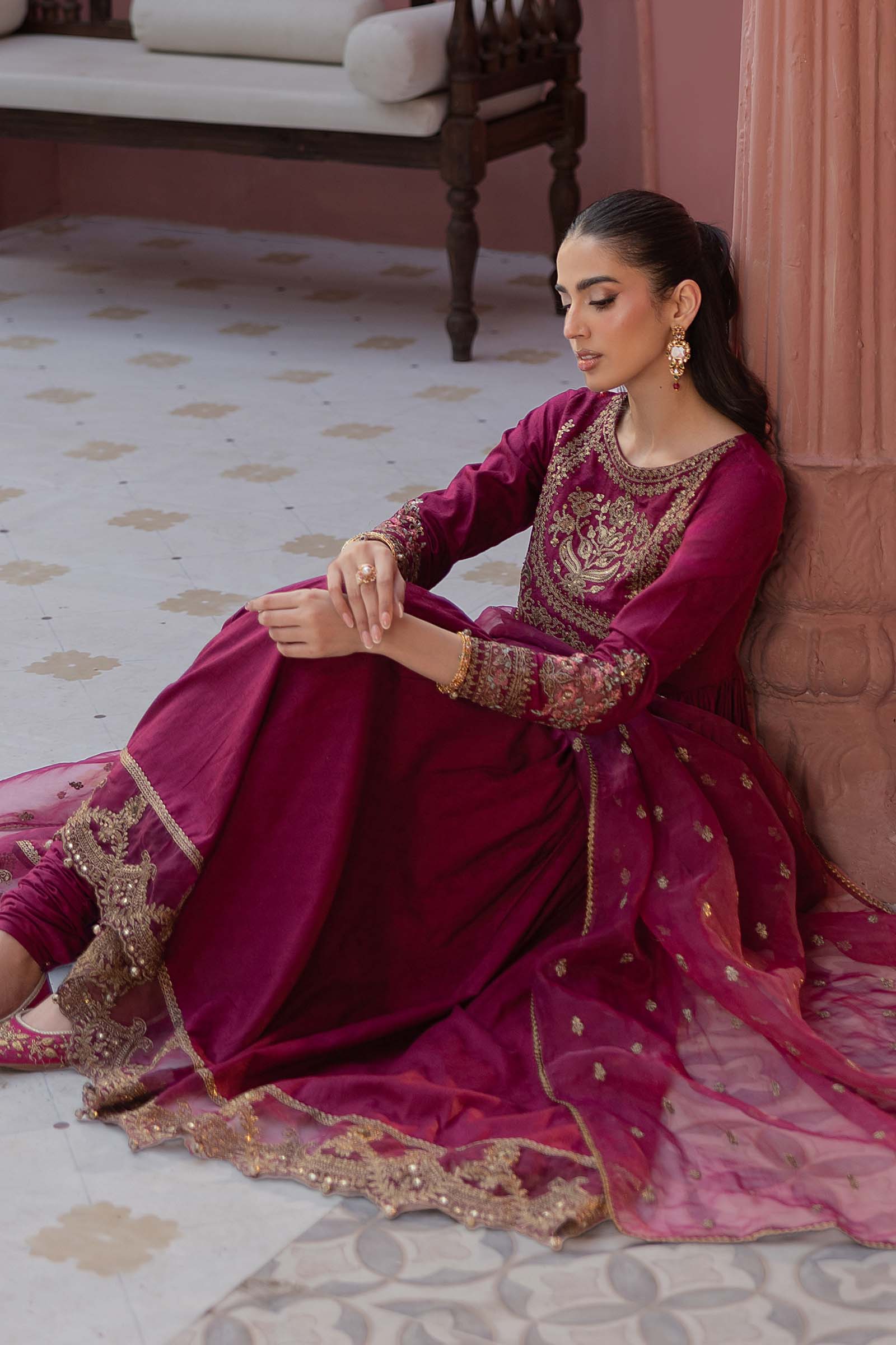 Pakistani Magenta Embroidered Self Jacquard Lawn Anarkali (3-Piece) - Image 4