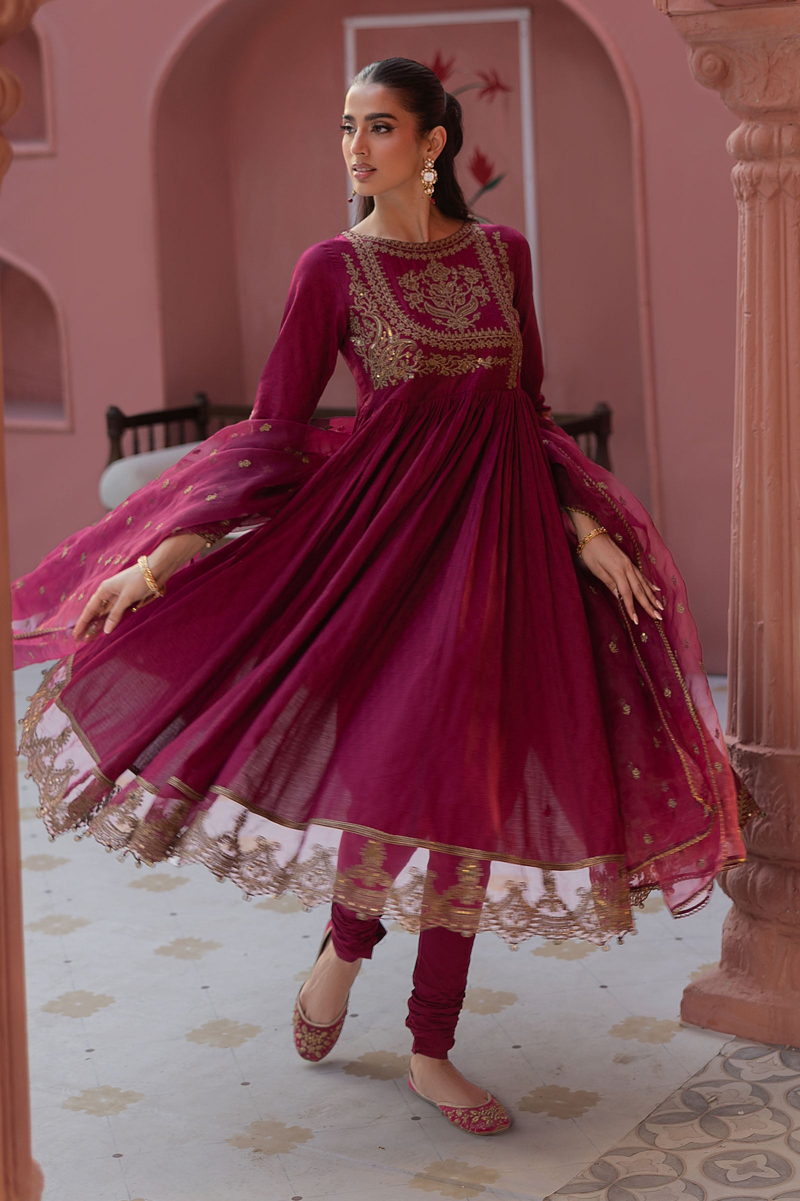 Pakistani Magenta Embroidered Self Jacquard Lawn Anarkali (3-Piece) - Image 5