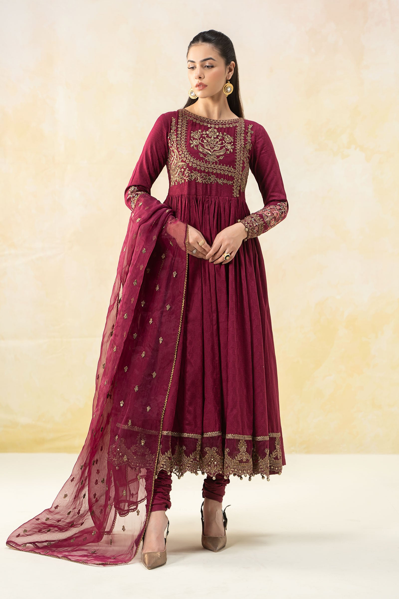 Pakistani Magenta Embroidered Self Jacquard Lawn Anarkali (3-Piece) - Image 6