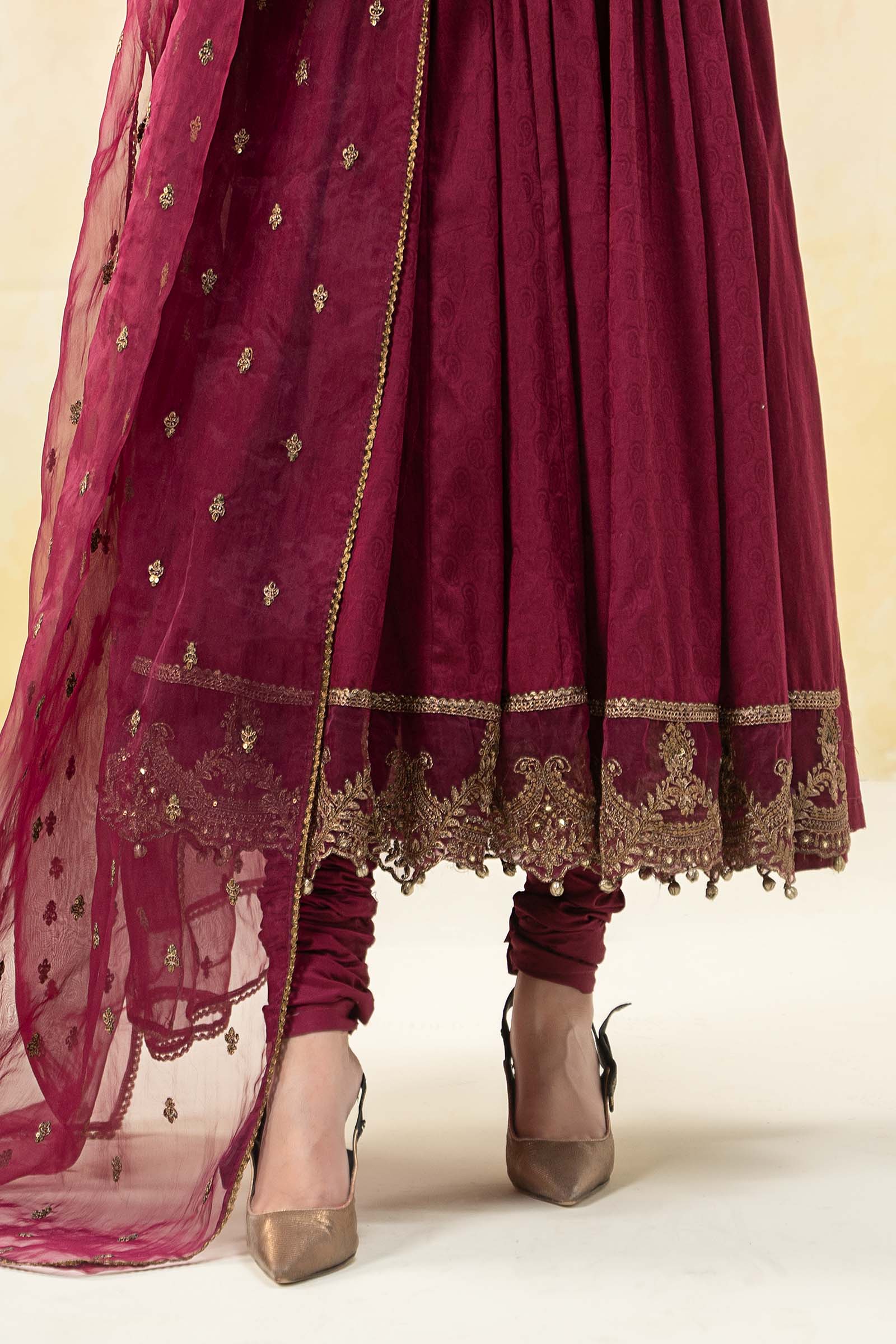 Pakistani Magenta Embroidered Self Jacquard Lawn Anarkali (3-Piece) - Image 9