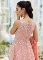 Coral Hand-Embellished Net Kalidaar Dress (2-Piece) - Image 6
