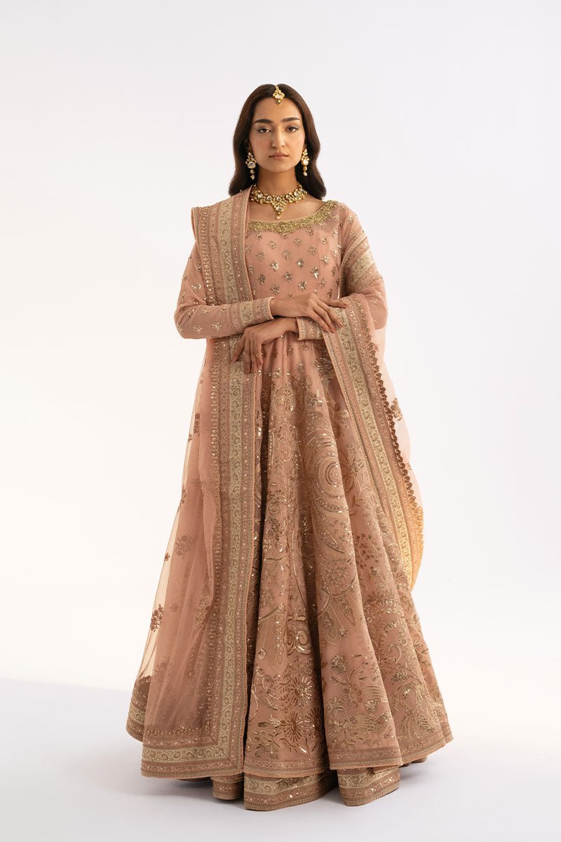 Pakistani Light Pink Embroidered Net Anarkali Dress (3-Piece) - Image 1