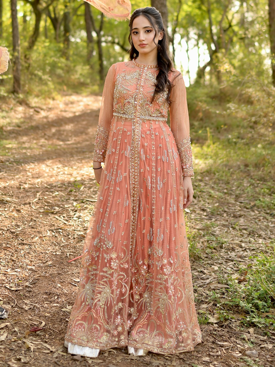 Peach Embroidered Net Anarkali Dress (2-Piece) - Image 1