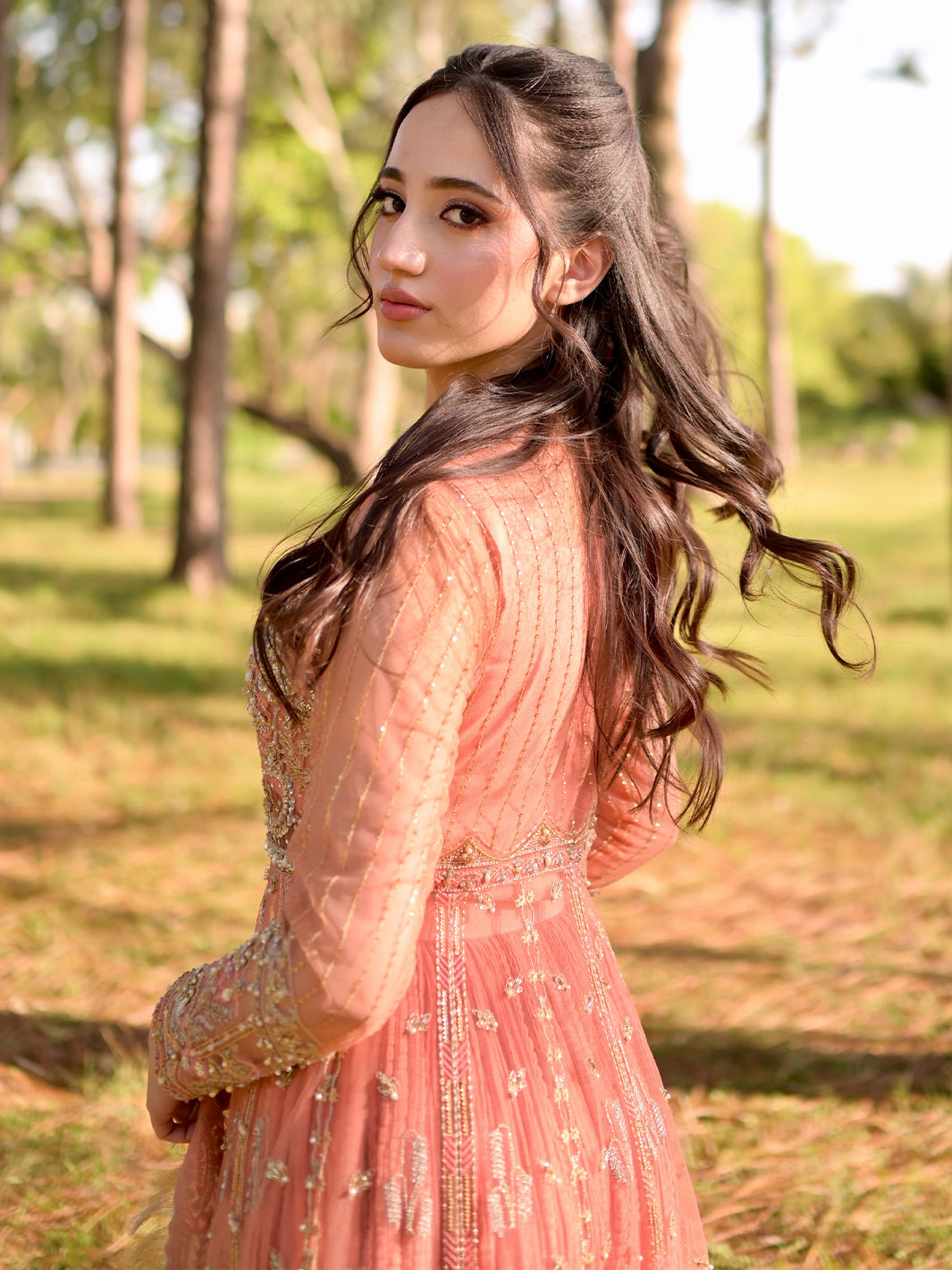 Peach Embroidered Net Anarkali Dress (2-Piece) - Image 10