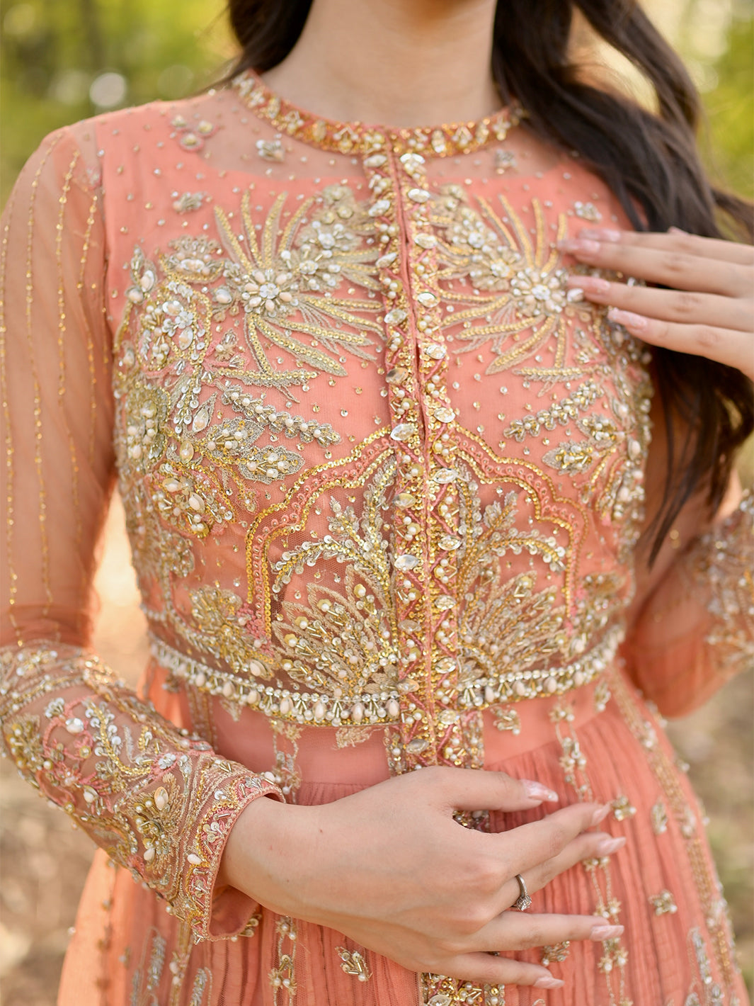 Peach Embroidered Net Anarkali Dress (2-Piece) - Image 2