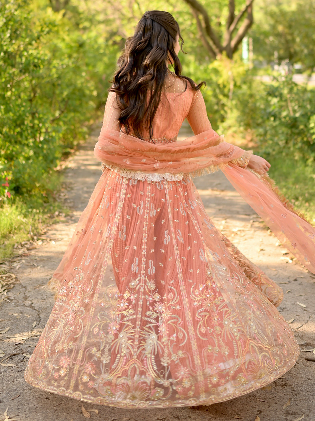 Peach Embroidered Net Anarkali Dress (2-Piece) - Image 3