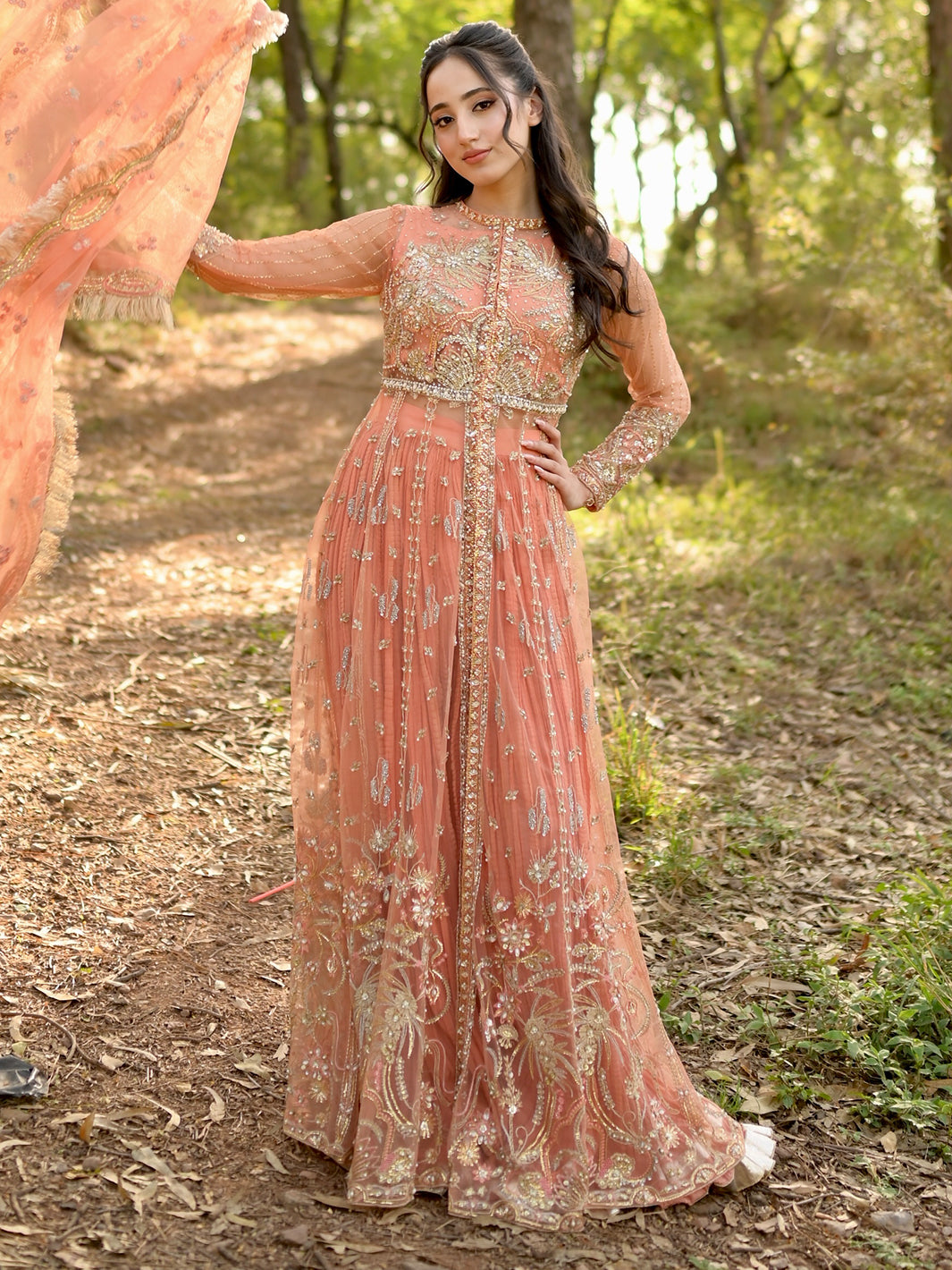 Peach Embroidered Net Anarkali Dress (2-Piece) - Image 5