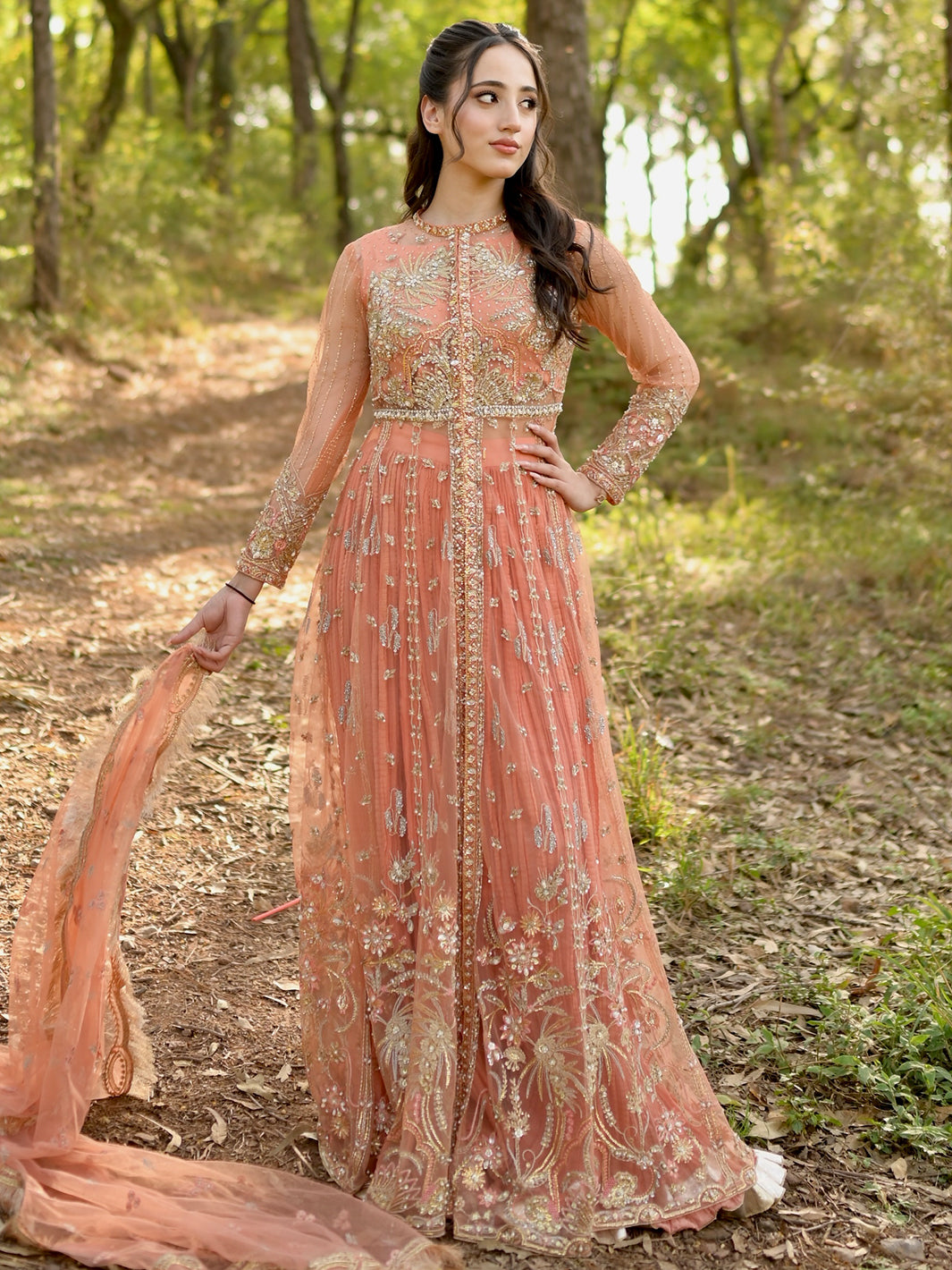 Peach Embroidered Net Anarkali Dress (2-Piece) - Image 7