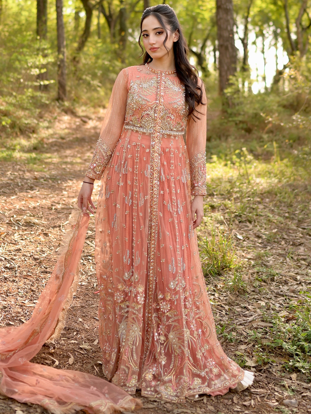 Peach Embroidered Net Anarkali Dress (2-Piece) - Image 9