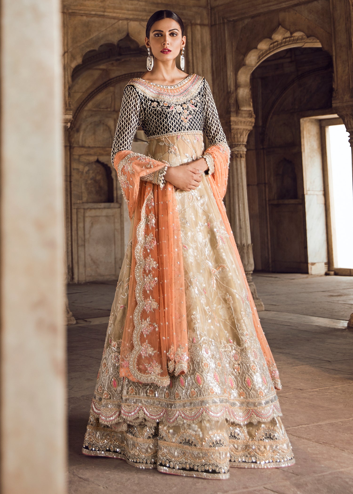 Peach and Gold Embroidered Net Silk Anarkali (2-Piece) - Image 1