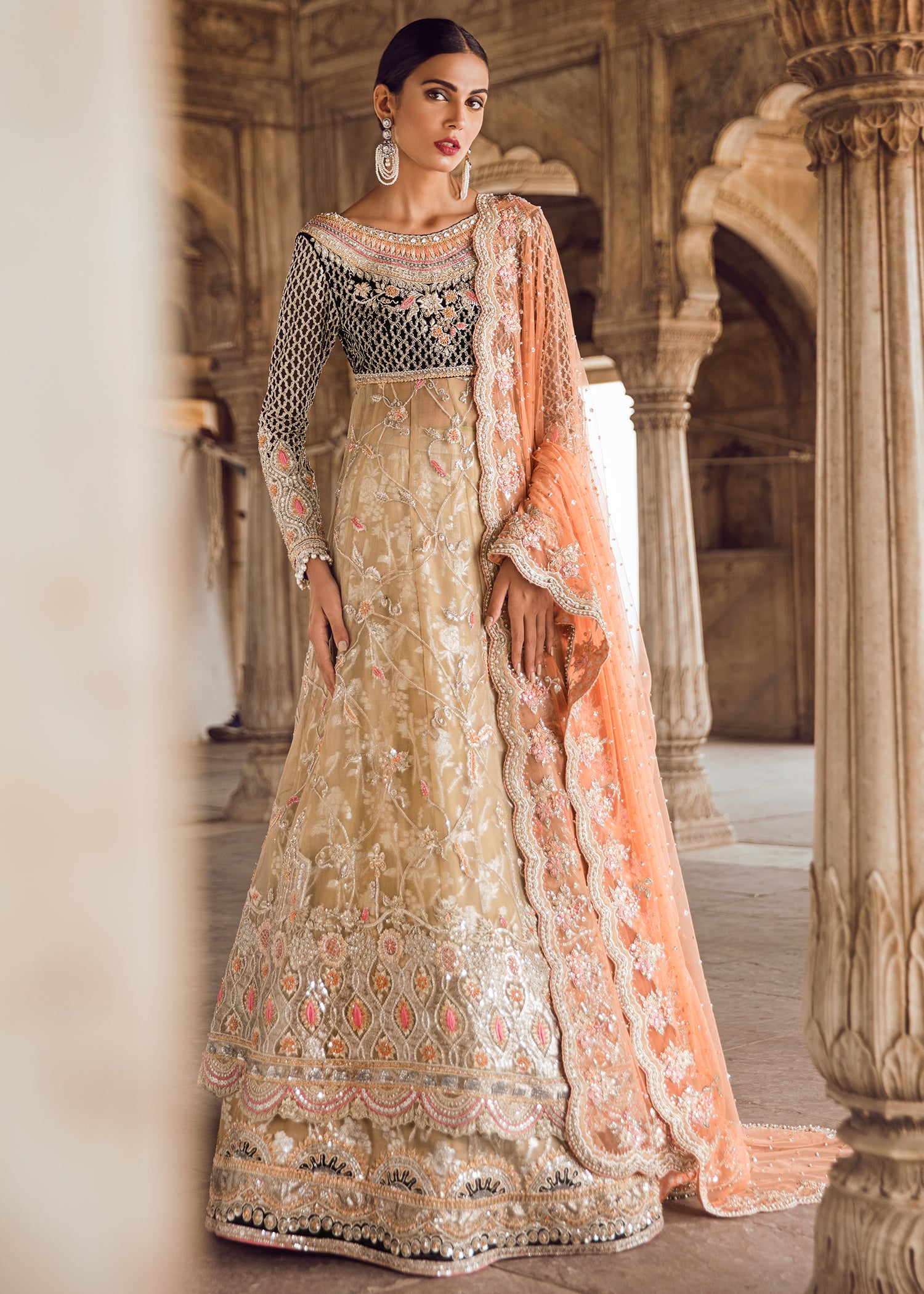 Peach and Gold Embroidered Net Silk Anarkali (2-Piece) - Image 2