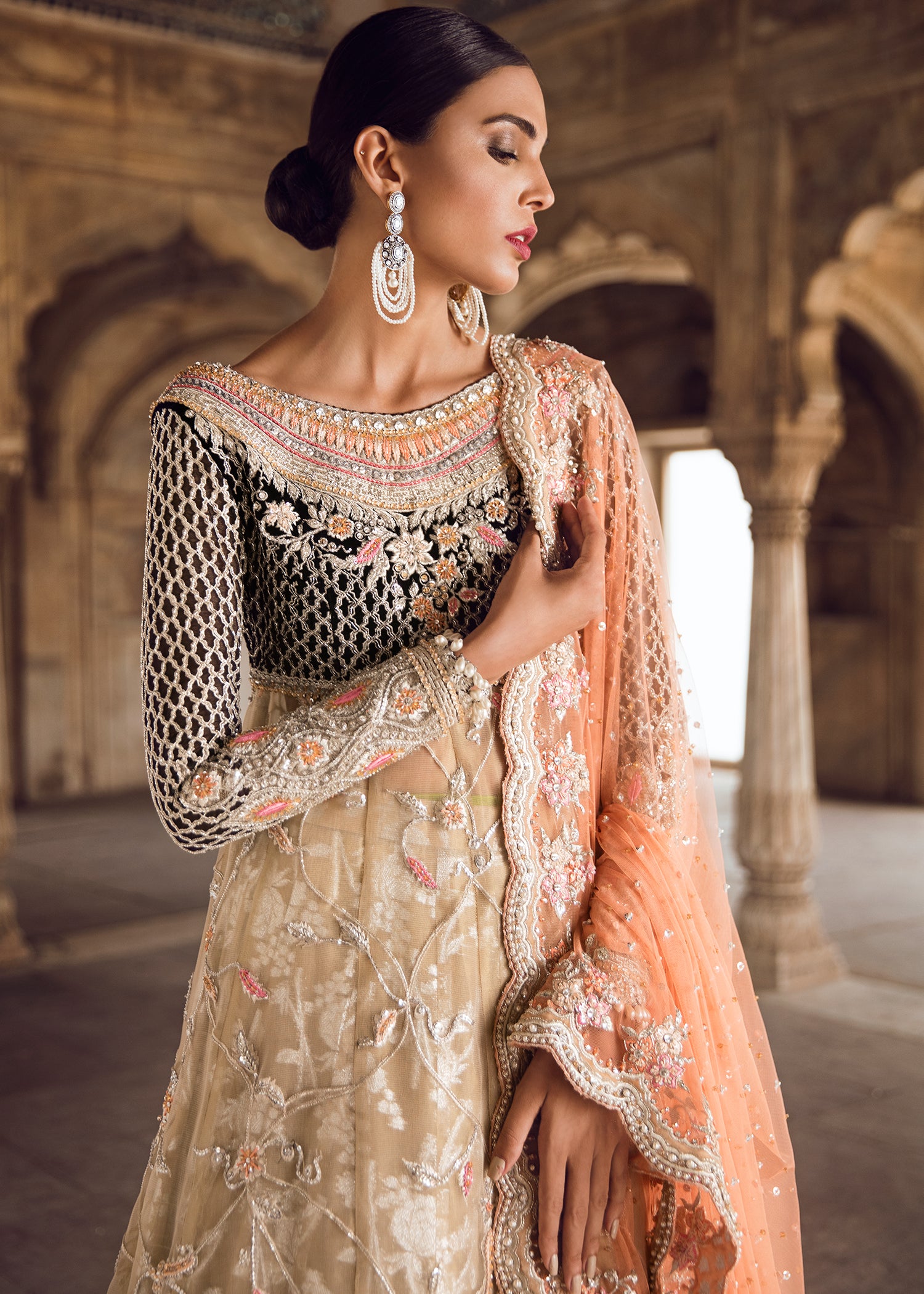 Peach and Gold Embroidered Net Silk Anarkali (2-Piece) - Image 3