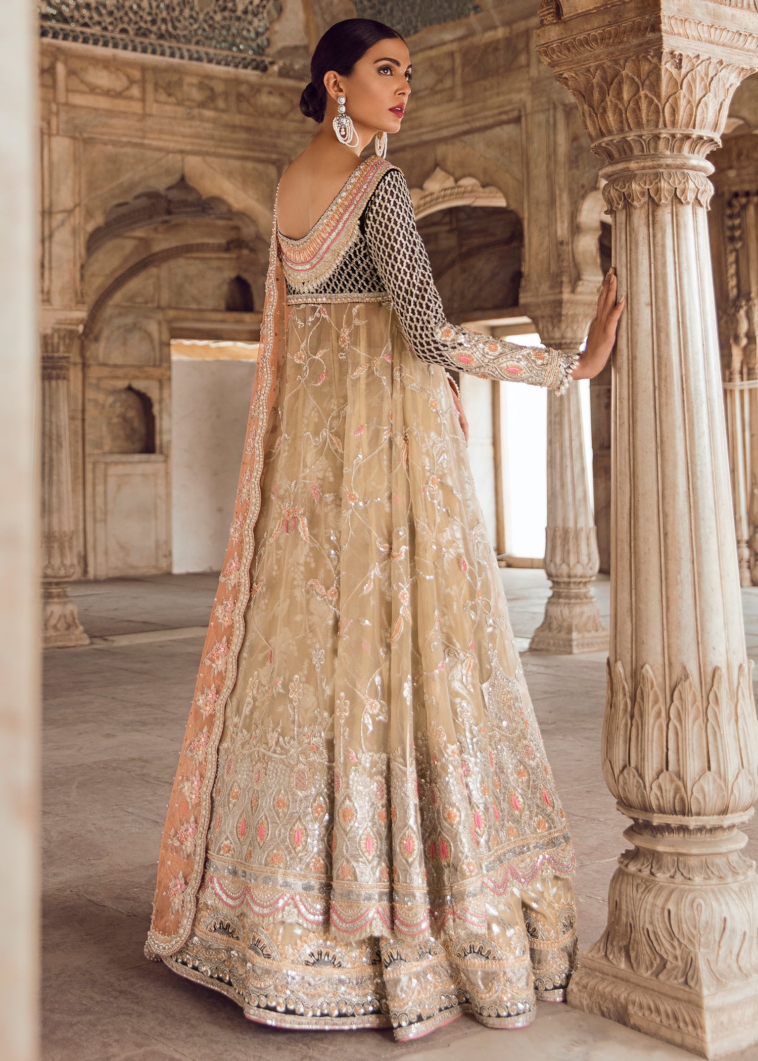 Peach and Gold Embroidered Net Silk Anarkali (2-Piece) - Image 4