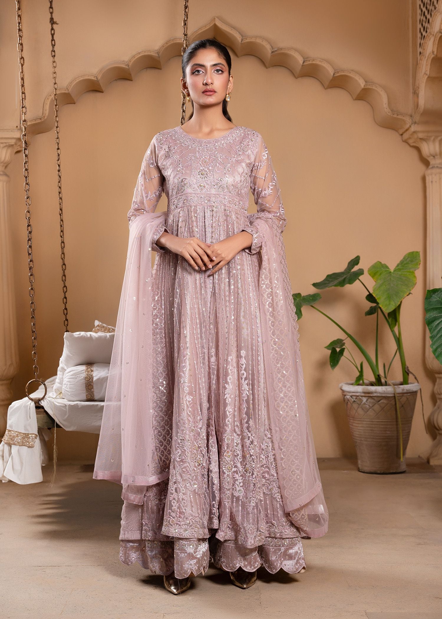 Pakistani Soft Pink Sequin Embroidered Luxury Net Anarkali (2-Piece) - Image 1