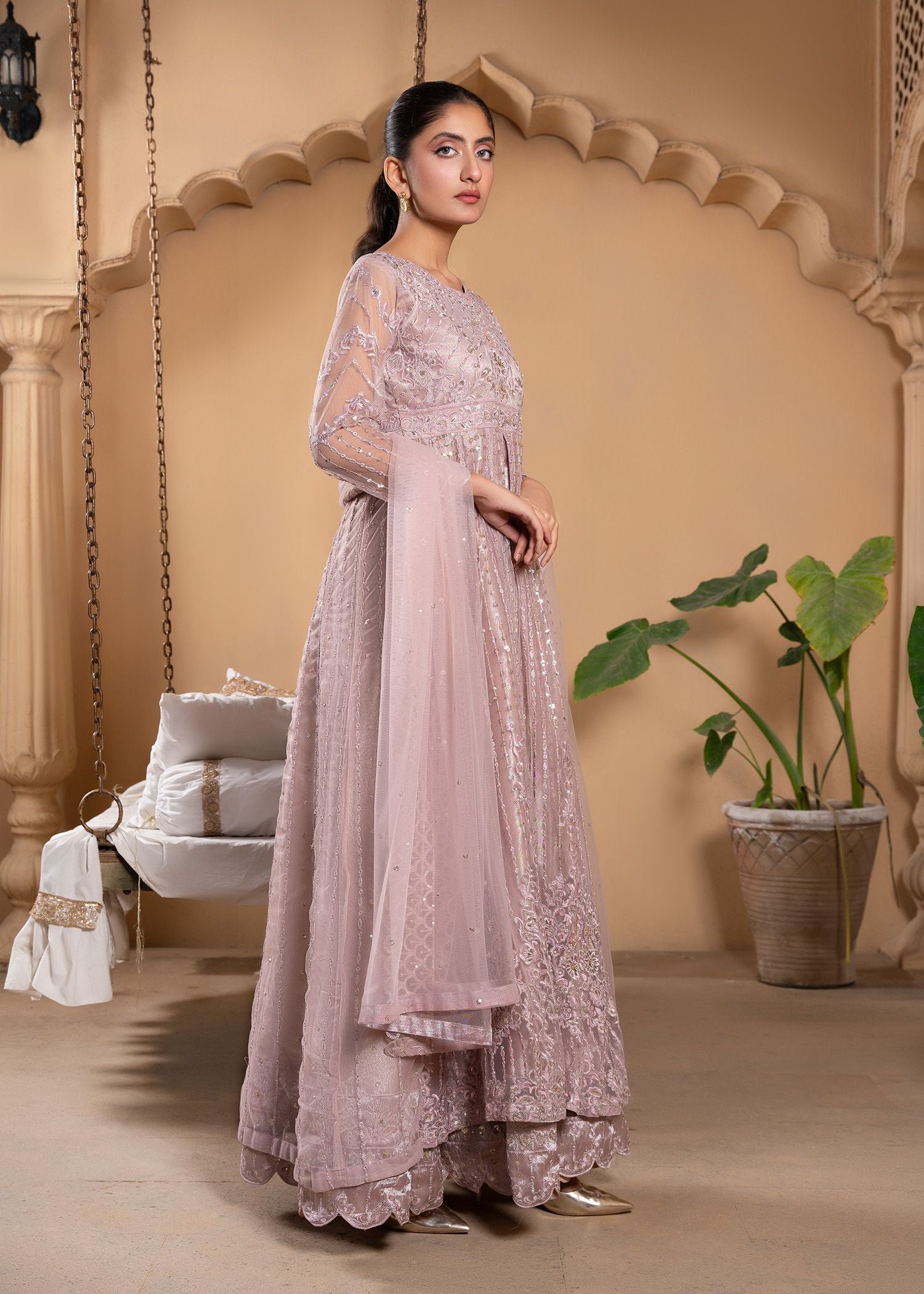 Pakistani Soft Pink Sequin Embroidered Luxury Net Anarkali (2-Piece) - Image 2