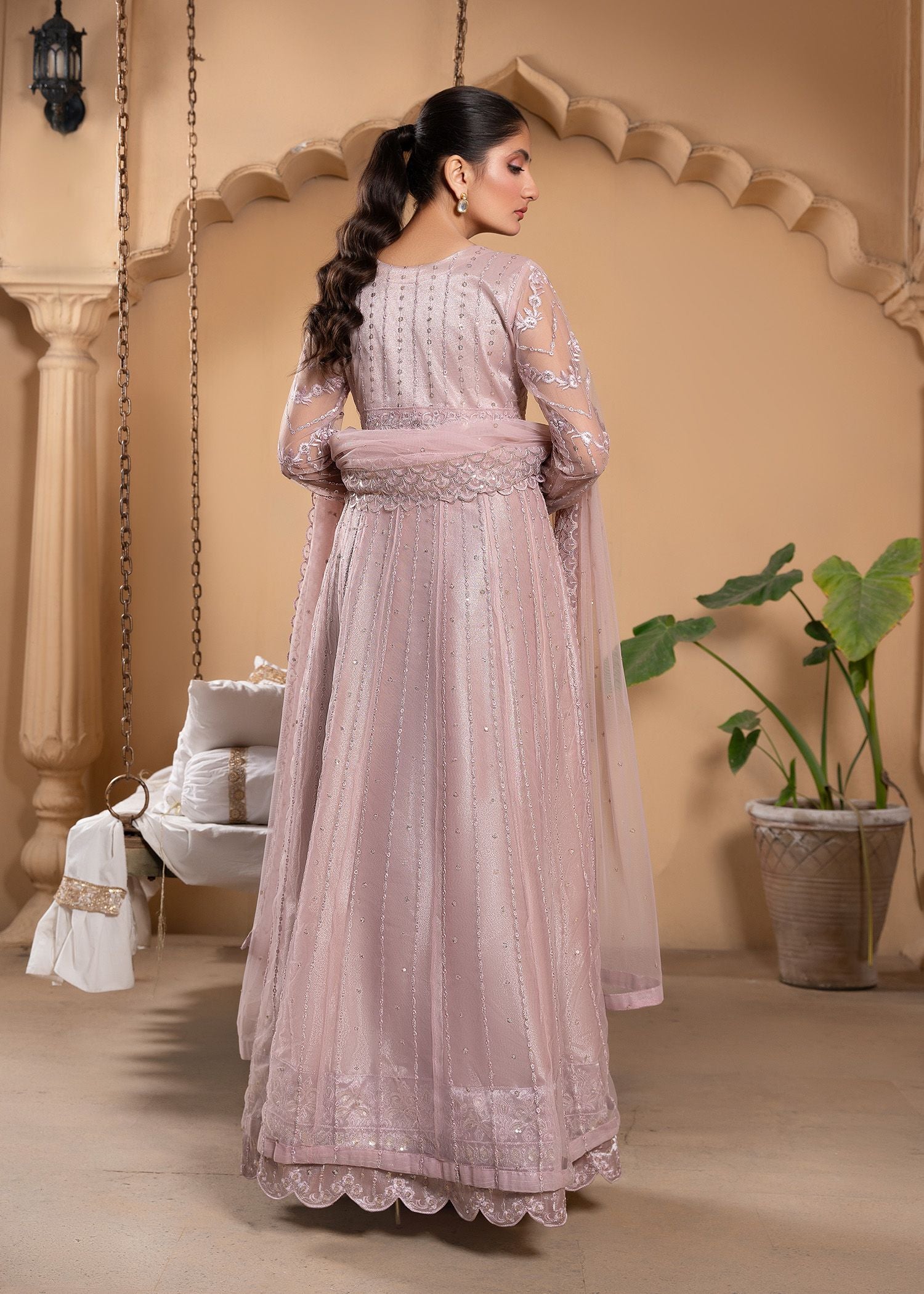 Pakistani Soft Pink Sequin Embroidered Luxury Net Anarkali (2-Piece) - Image 3