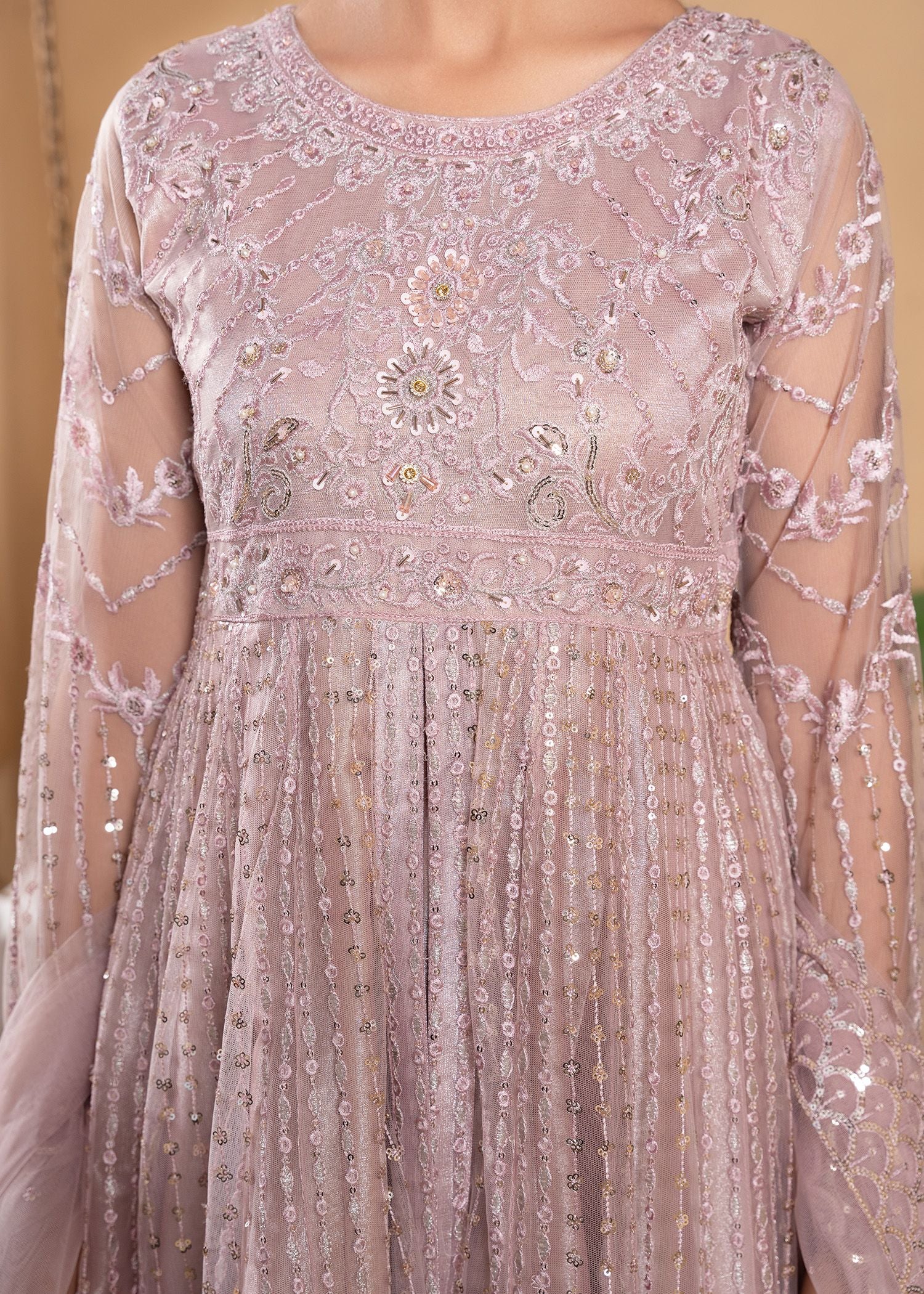 Pakistani Soft Pink Sequin Embroidered Luxury Net Anarkali (2-Piece) - Image 4