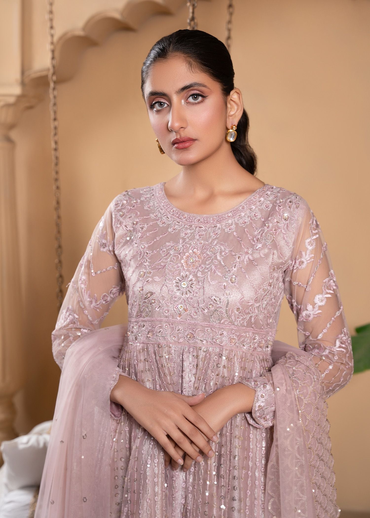 Pakistani Soft Pink Sequin Embroidered Luxury Net Anarkali (2-Piece) - Image 5