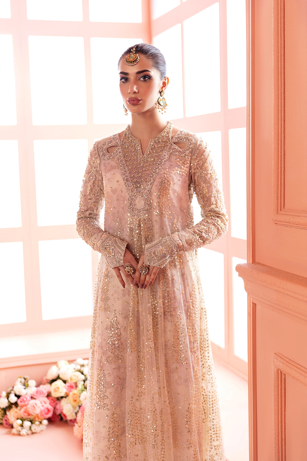 Blush Pink Sequin Net Anarkali Dress (1-Pc) - Image 2