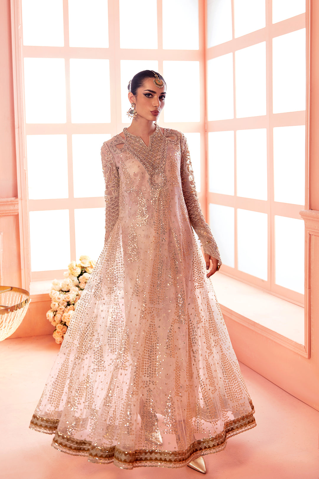 Blush Pink Sequin Net Anarkali Dress (1-Pc) - Image 3