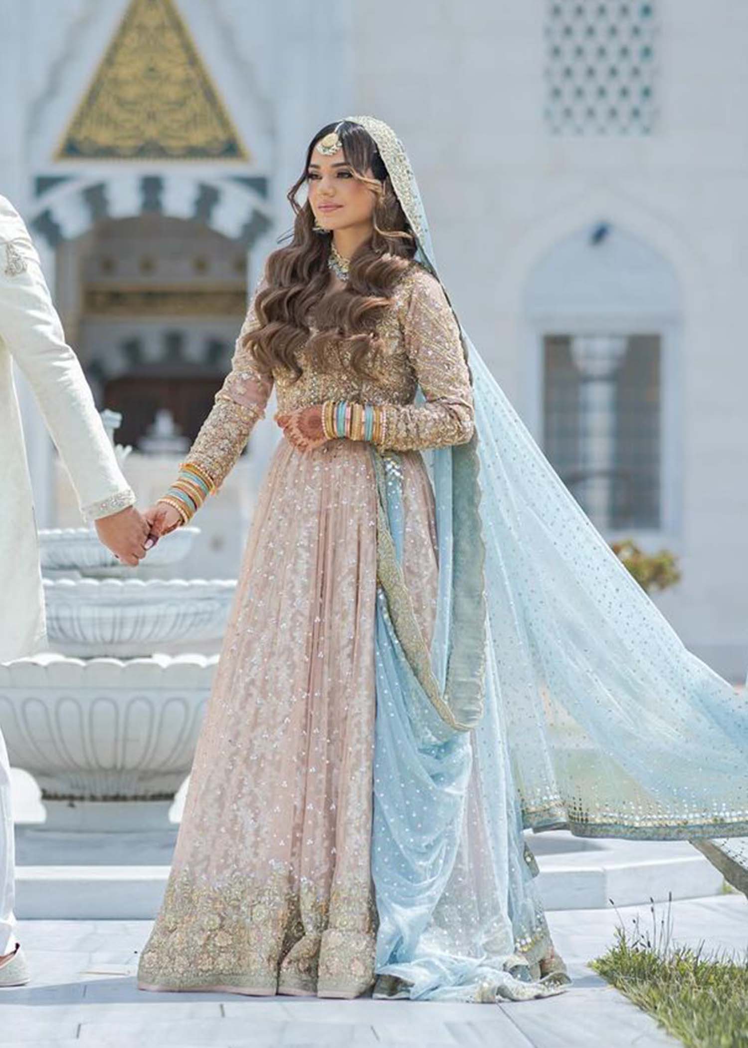 Pakistani Blush Pink Embellished Net Silk Anarkali Dress (2-Piece) - Image 1