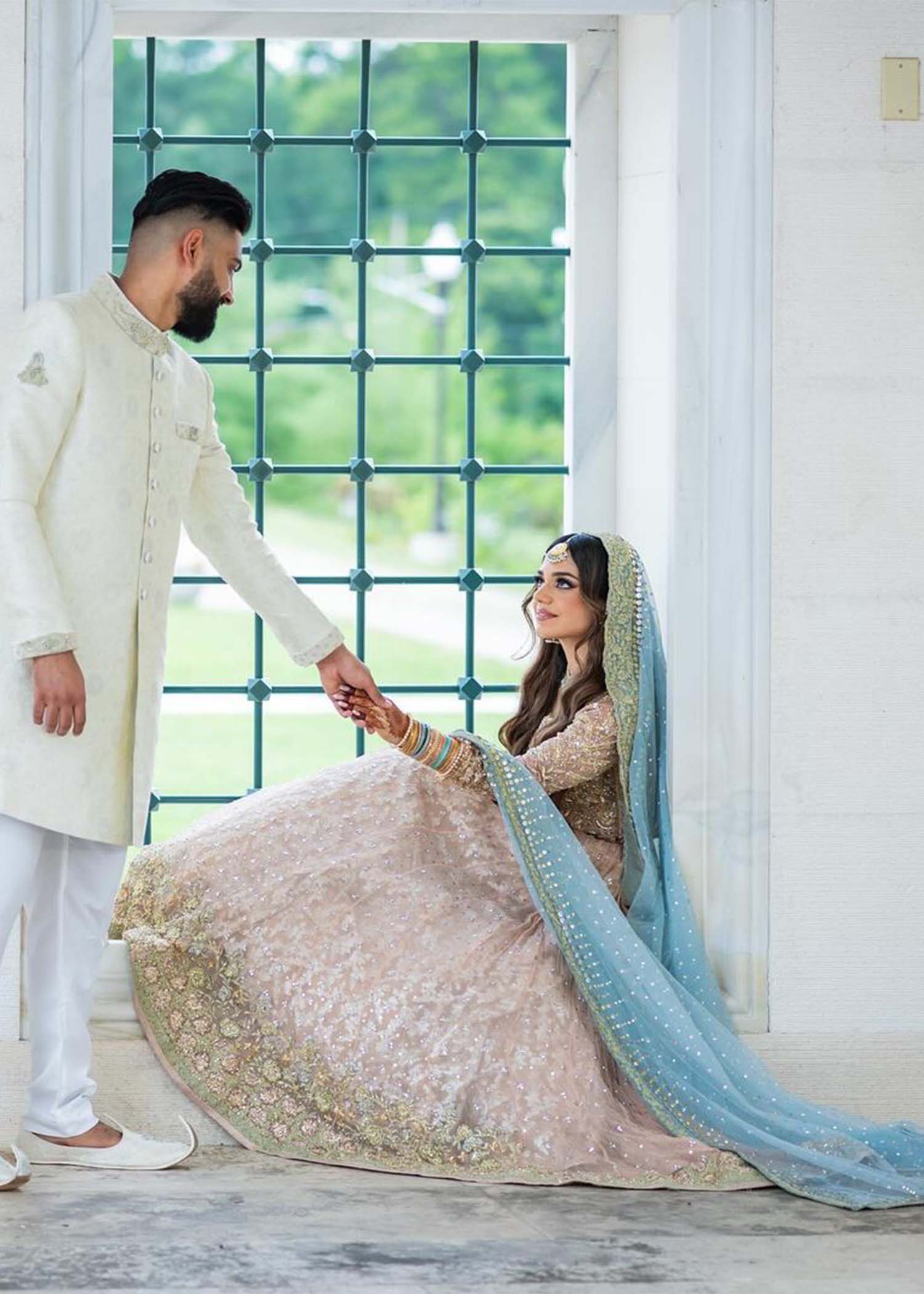 Pakistani Blush Pink Embellished Net Silk Anarkali Dress (2-Piece) - Image 5