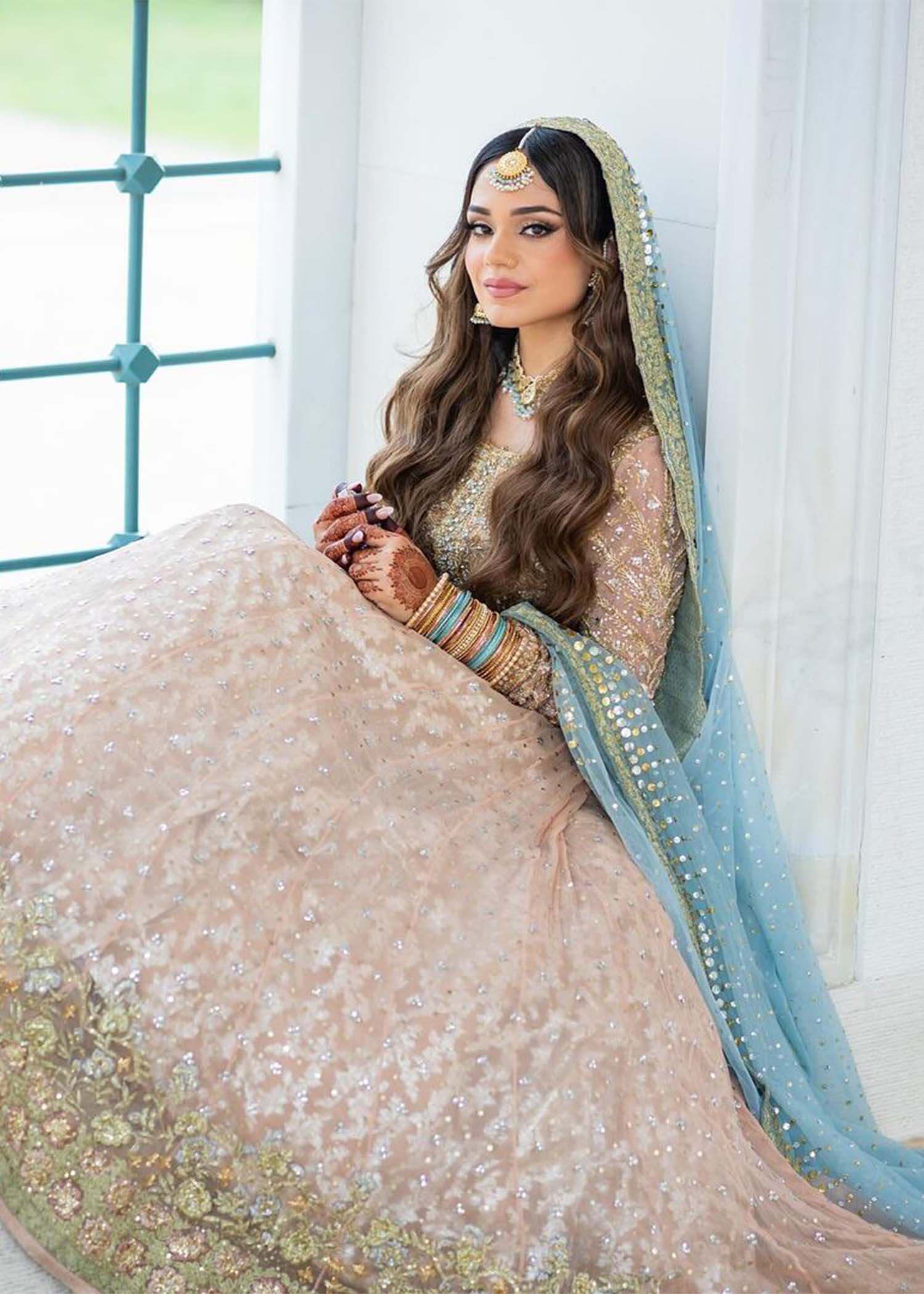 Pakistani Blush Pink Embellished Net Silk Anarkali Dress (2-Piece) - Image 8
