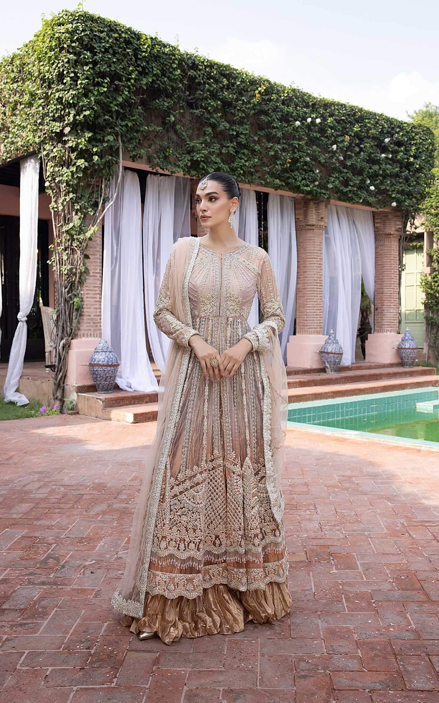 Pakistani Pastel Peach Embellished Net Anarkali Dress (2-Piece) - Image 1